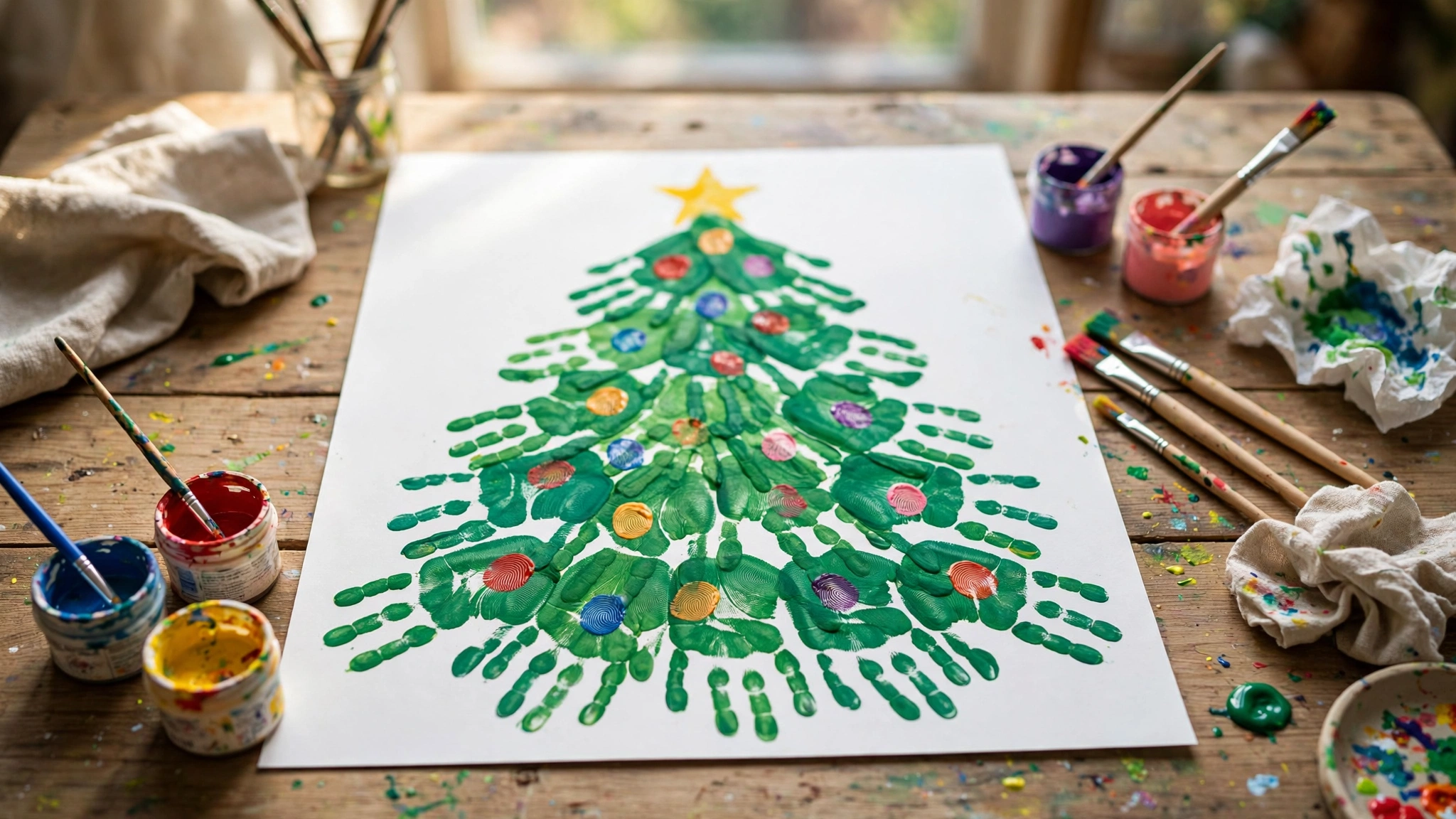 Weihnachtsbaum aus grünen Handabdrücken mit bunten Fingerabdruck-Kugeln