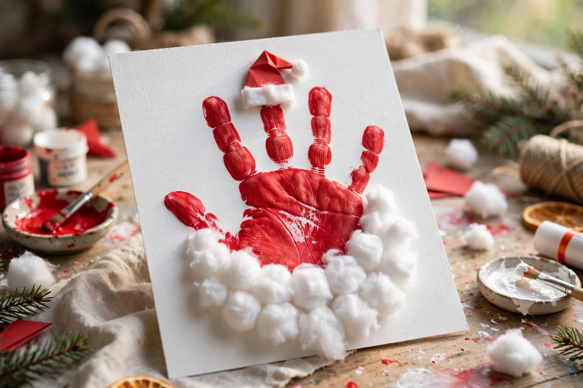 Der Handabdruck-Weihnachtsmann mit flauschigem Wattebausch-Bart.