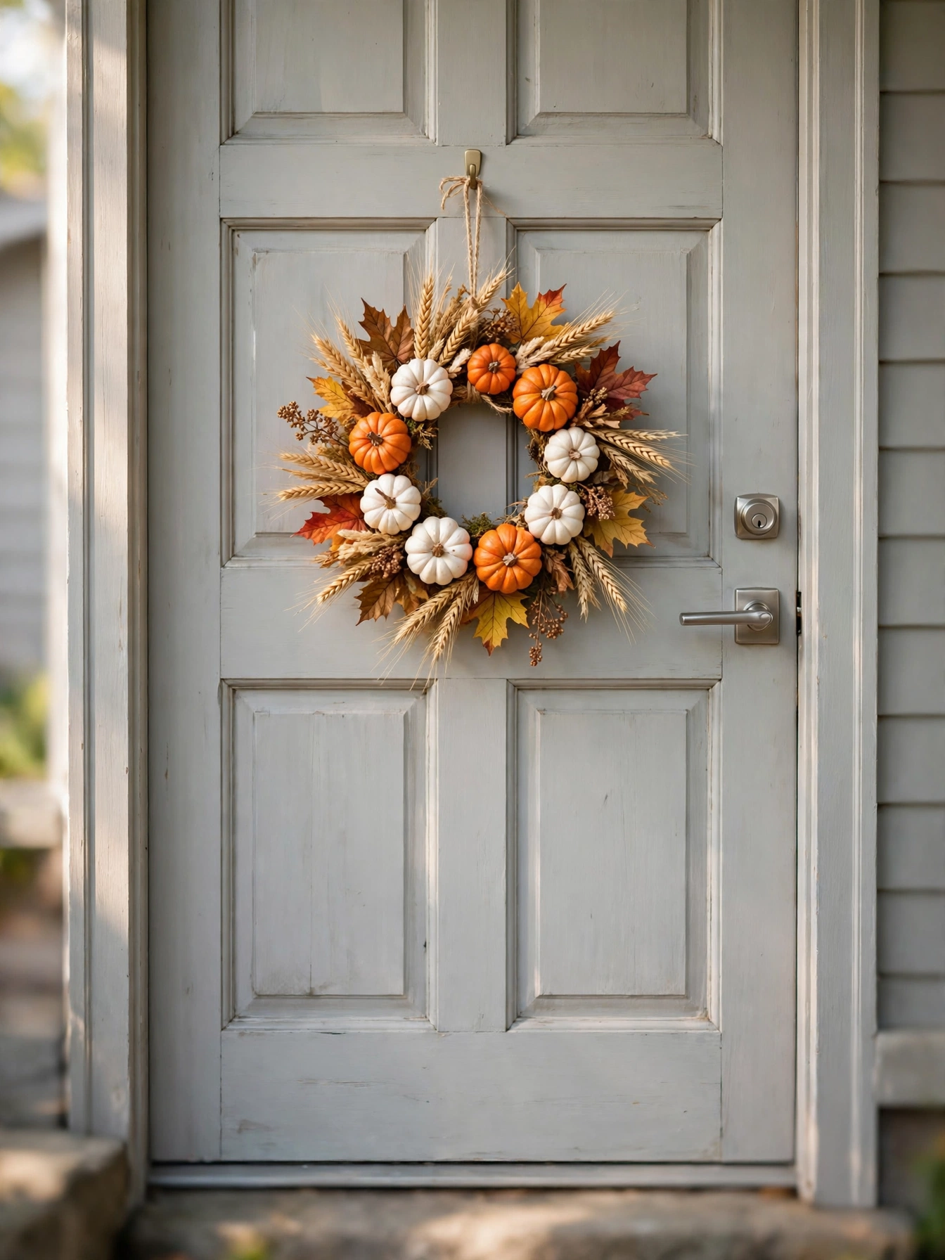 Herbstkranz aus Mini-Zierkürbissen und getrockneten Blättern an einer Haustür