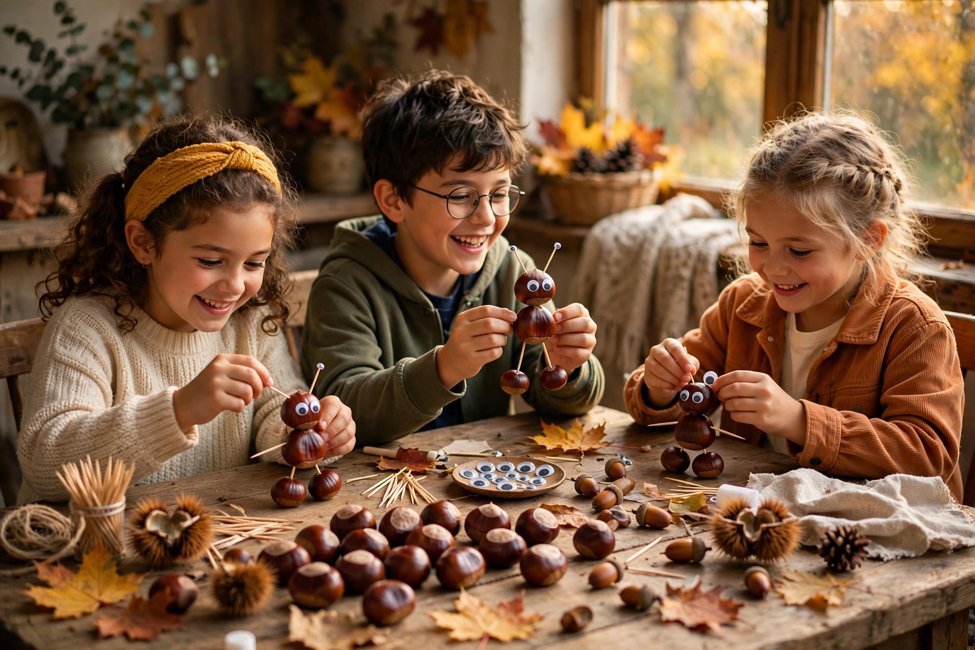 Kinder basteln Kastanienmännchen und Kastanieneulen am Basteltisch im Herbst