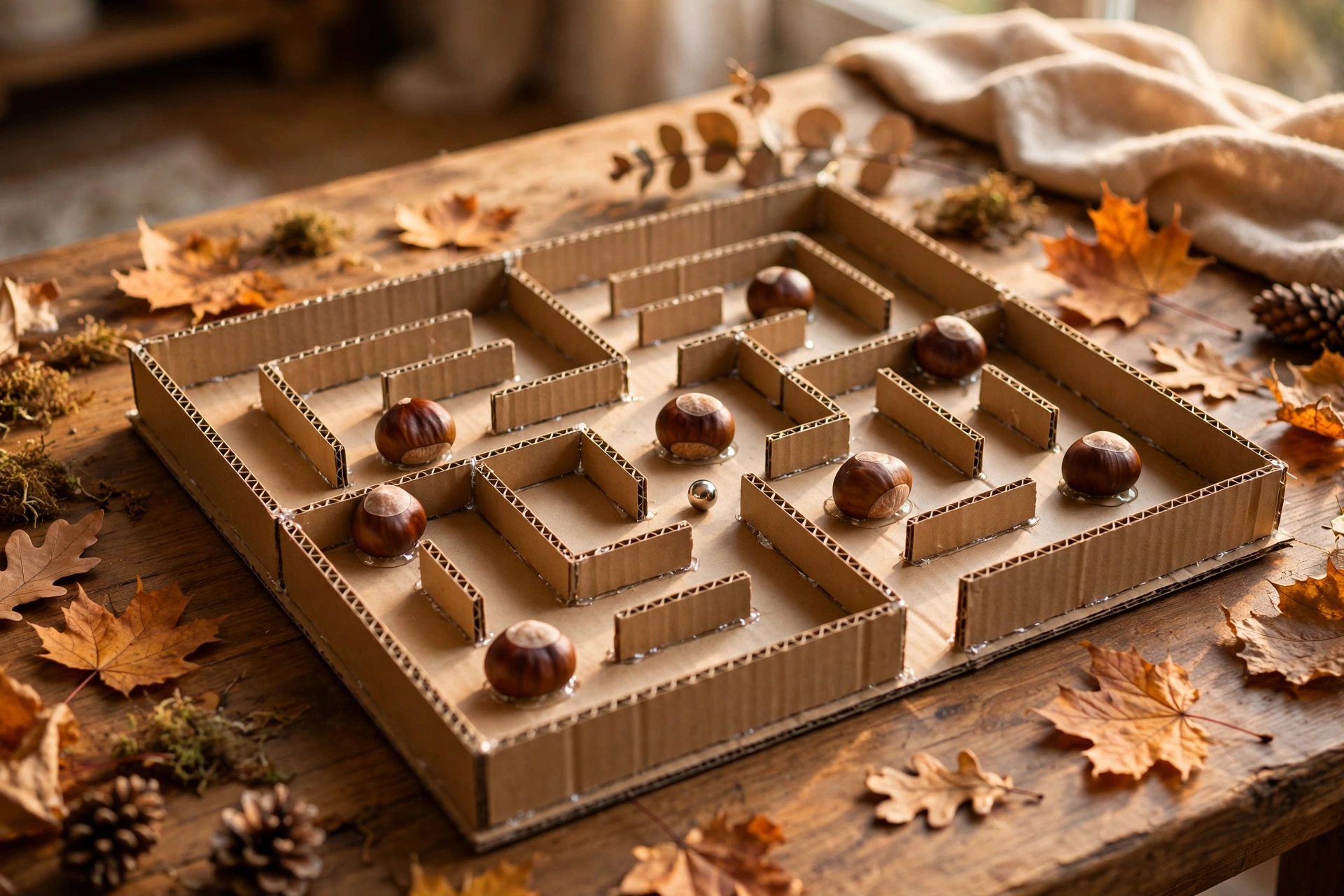 Selbstgebautes Kastanien-Labyrinth als Kugelspiel aus Karton