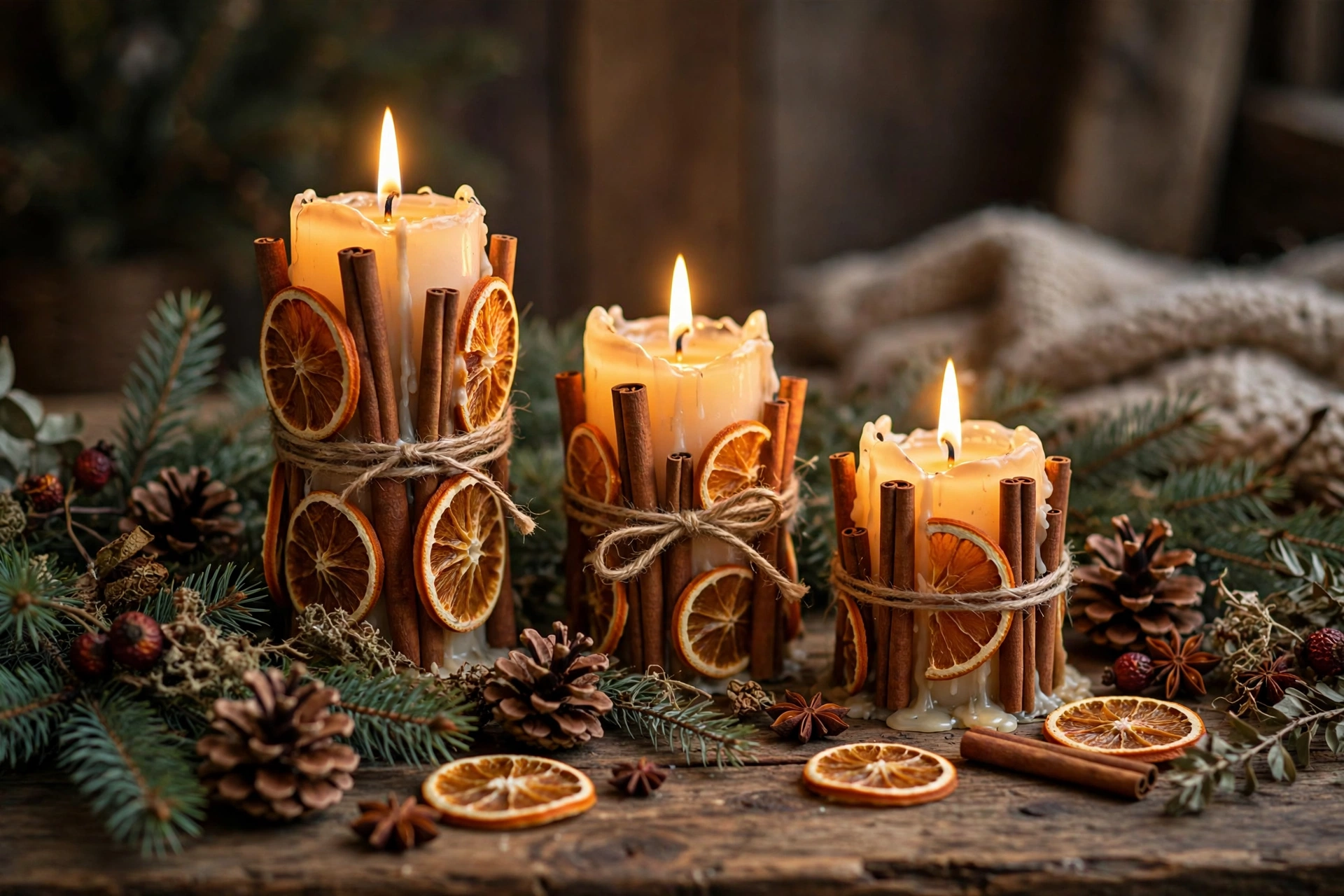 Weihnachtlich dekorierte Kerzen mit Zimtstangen, Orangenscheiben und Tannenzweigen