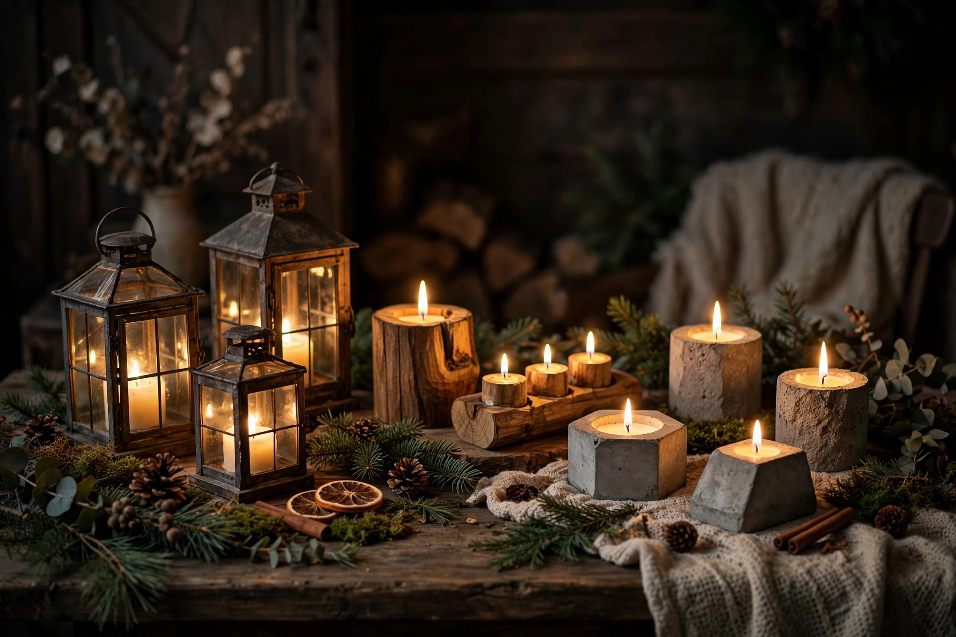 Stimmungsvolle Kerzenhalter zu Weihnachten mit warmem Kerzenlicht im dunklen Raum