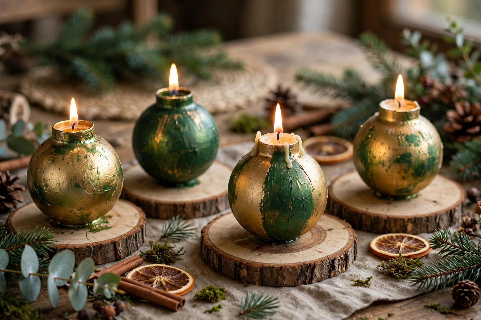 Kerzenhalter aus bemalter Christbaumkugel auf Holzscheibe