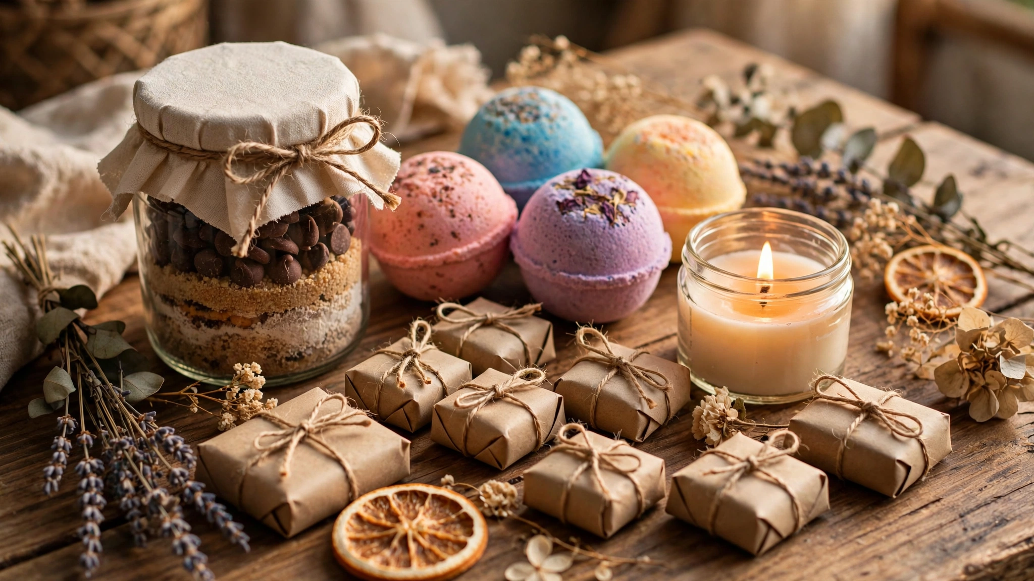 Viele kleine selbstgebastelte Geschenke unter 5 Euro: Gläser, Badebomben, Kerzen und verpackte Mitbringsel