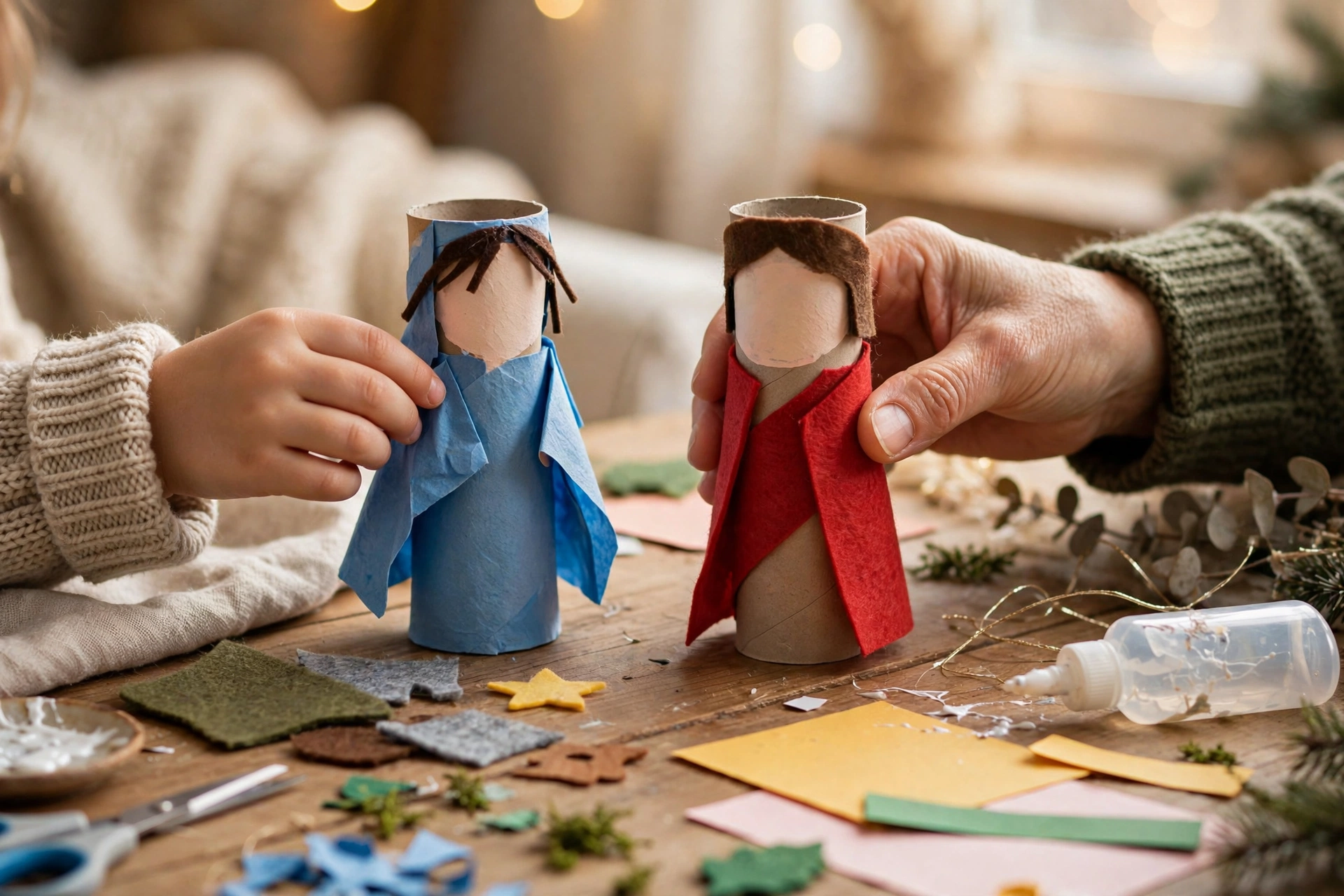 Krippenfiguren aus Klopapierrollen mit Maria, Josef und Jesuskind in Kinderhänden