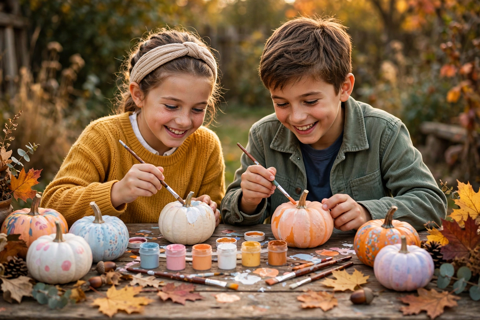 Zwei Kinder bemalen kleine Kürbisse mit bunten Farben am Holztisch im Herbstlicht