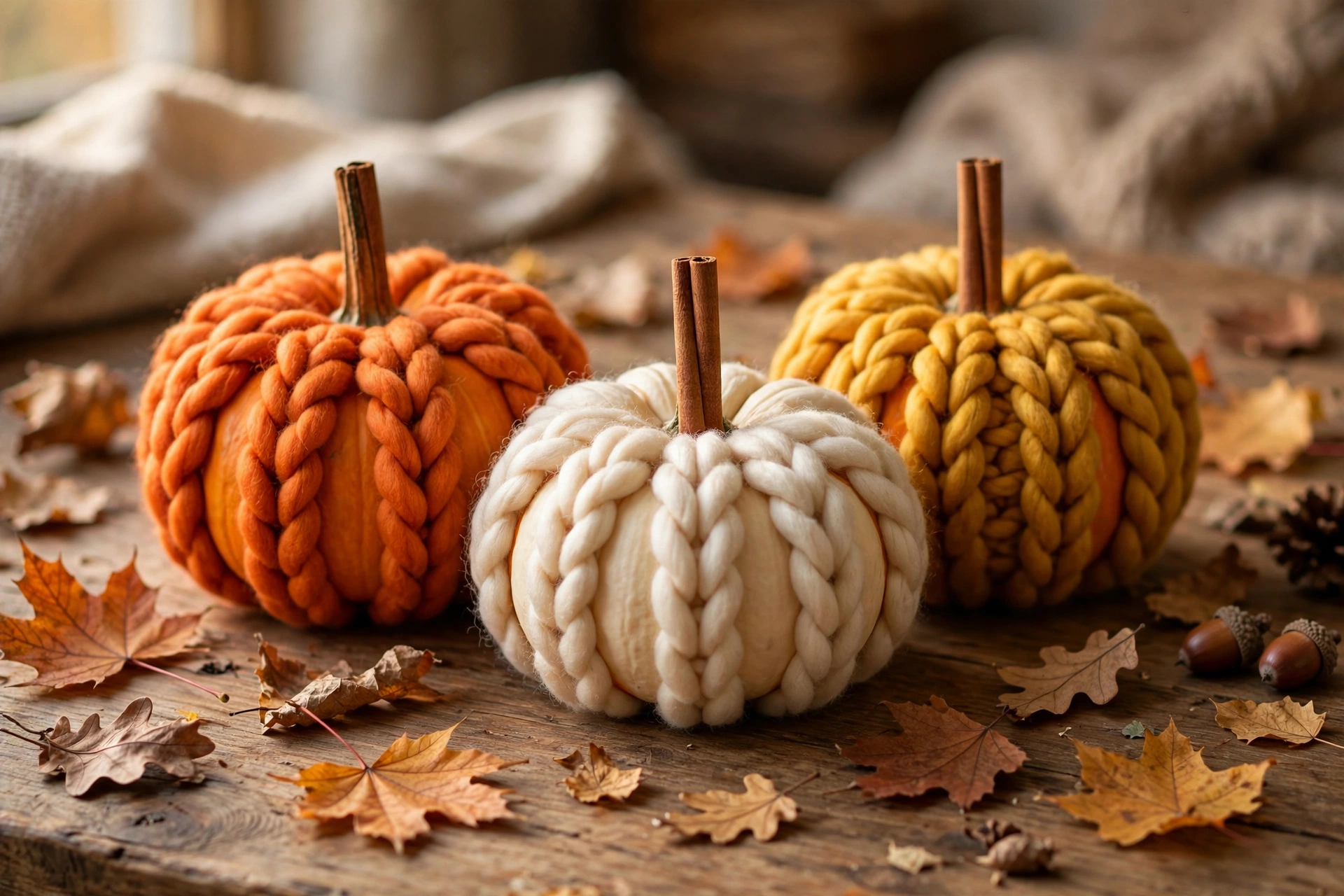 Drei Kürbisse mit Wolle in Herbstfarben umwickelt und Zimtstangen als Stiel