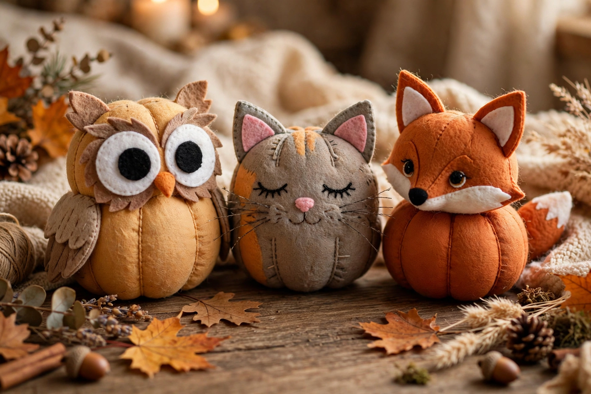 Niedliche Kürbis-Tiere aus Filz: Eule, Katze und Fuchs auf einem Holztisch
