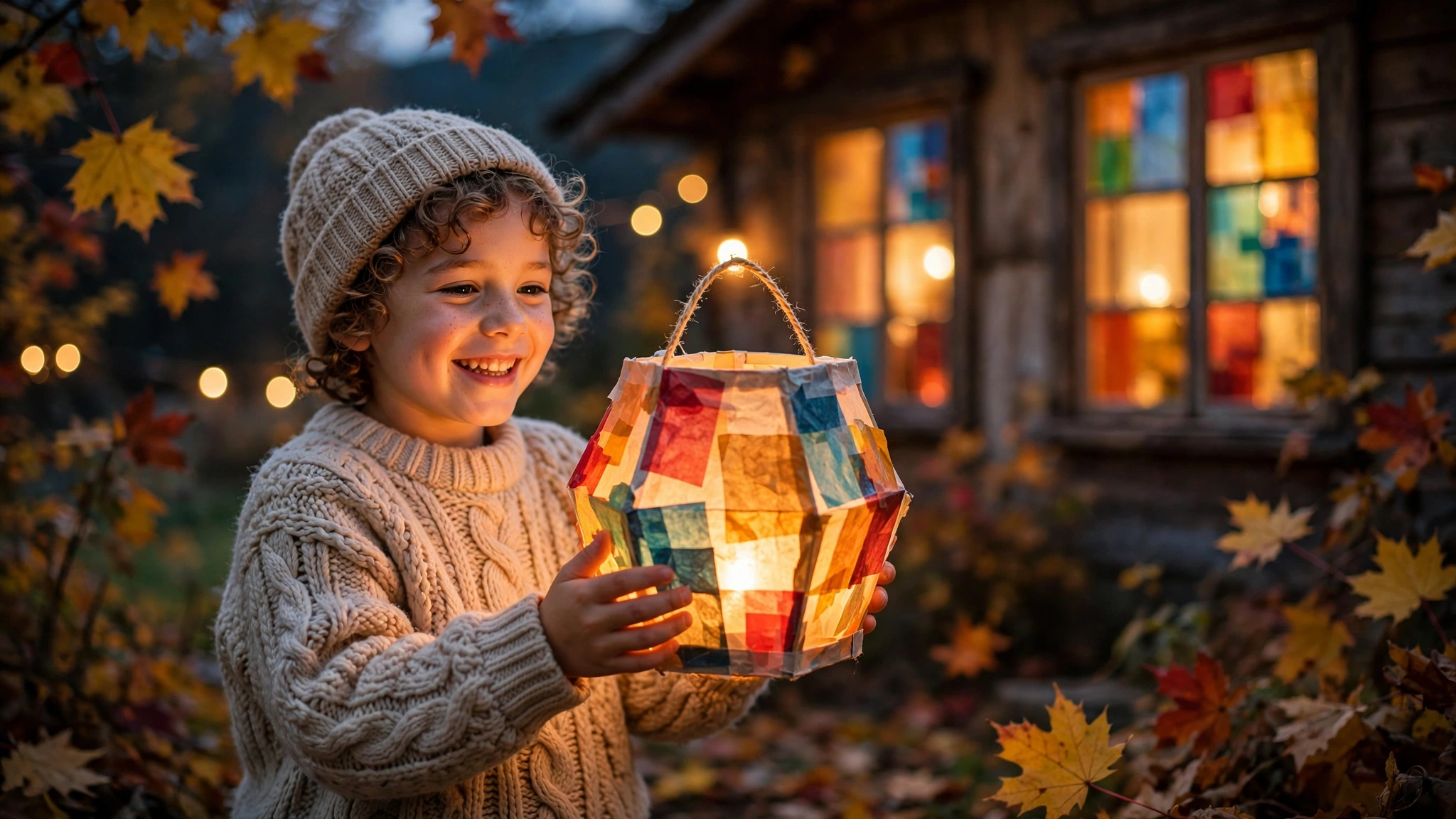 Kind hält eine selbst gebastelte leuchtende Laterne am Herbstabend
