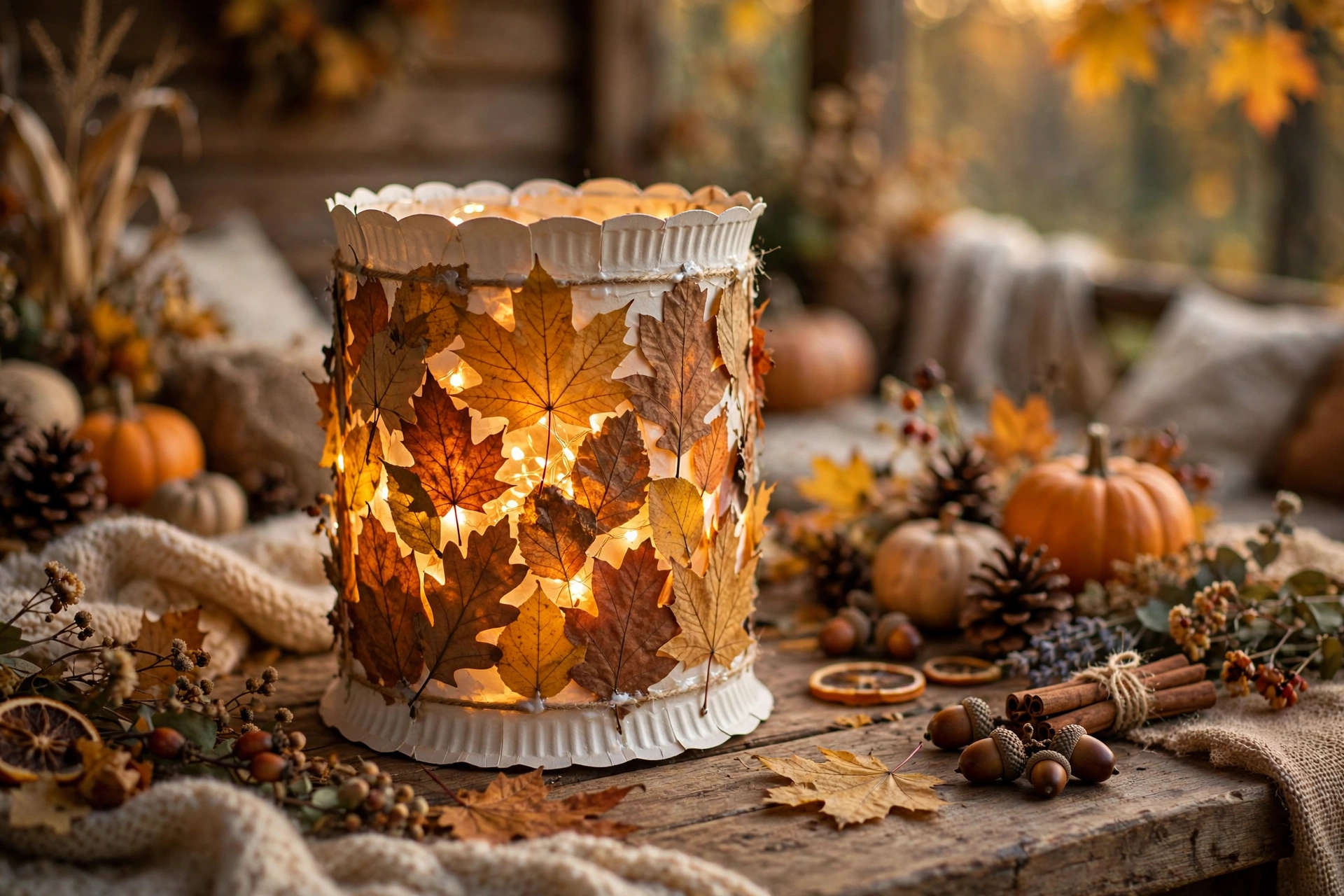 Die Pappteller-Laterne mit Herbstlaub – schnell gemacht und wunderschön.