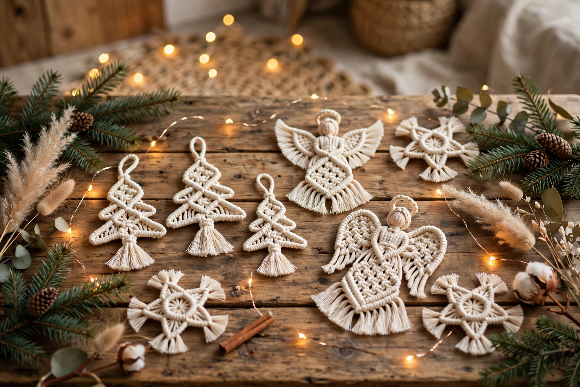 Geknüpfte Makramee-Weihnachtsanhänger aus cremefarbenem Baumwollgarn auf einem Holztisch