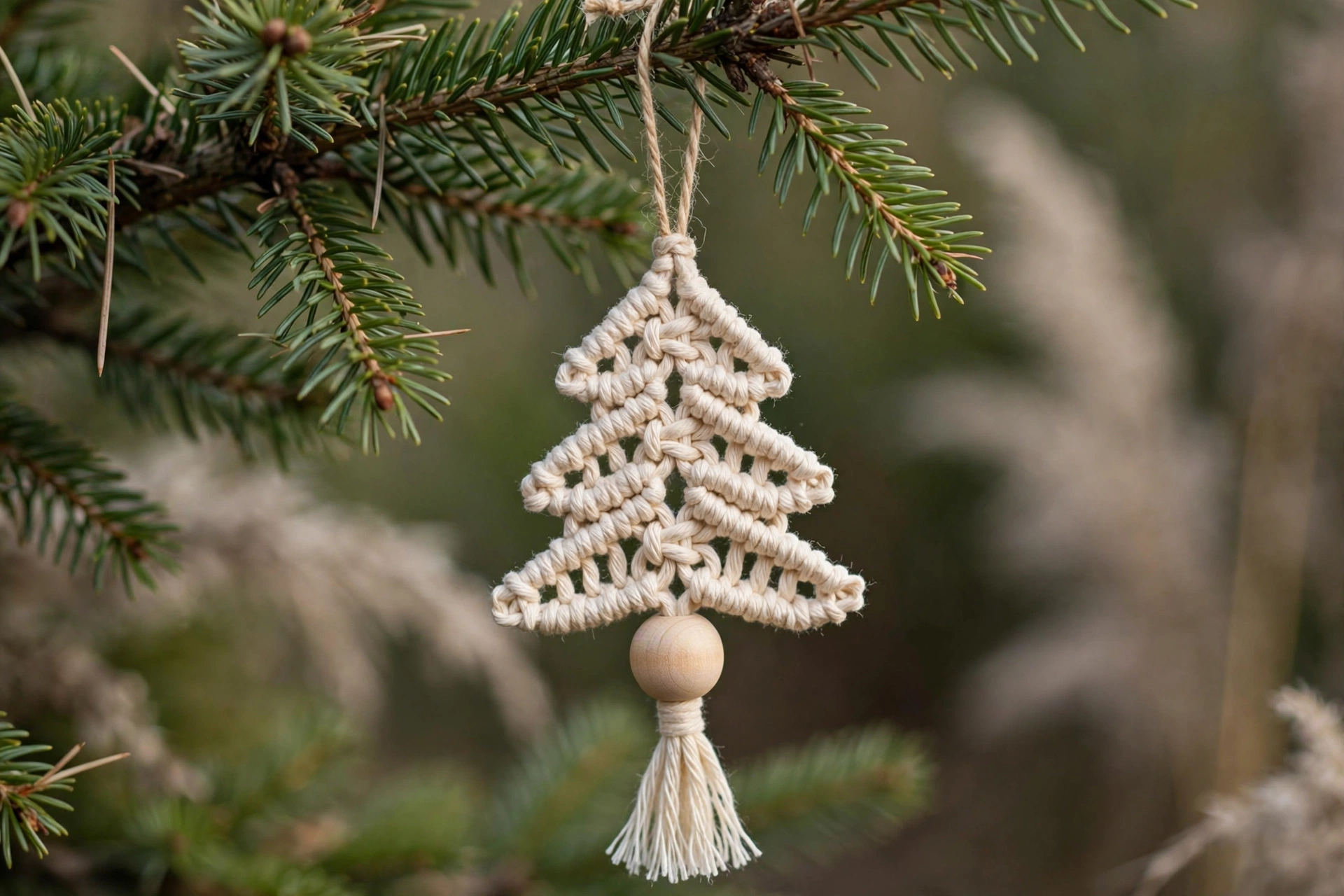 Geknüpfter Makramee-Tannenbaum mit Holzperle als Anhänger