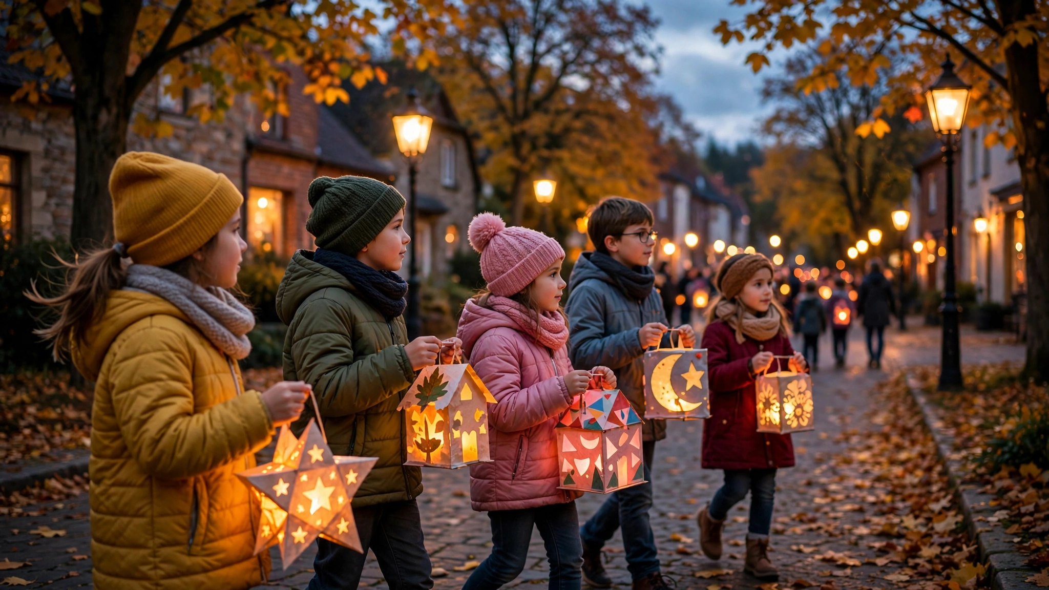 Kinder tragen beim Martinsumzug selbst gebastelte leuchtende Laternen