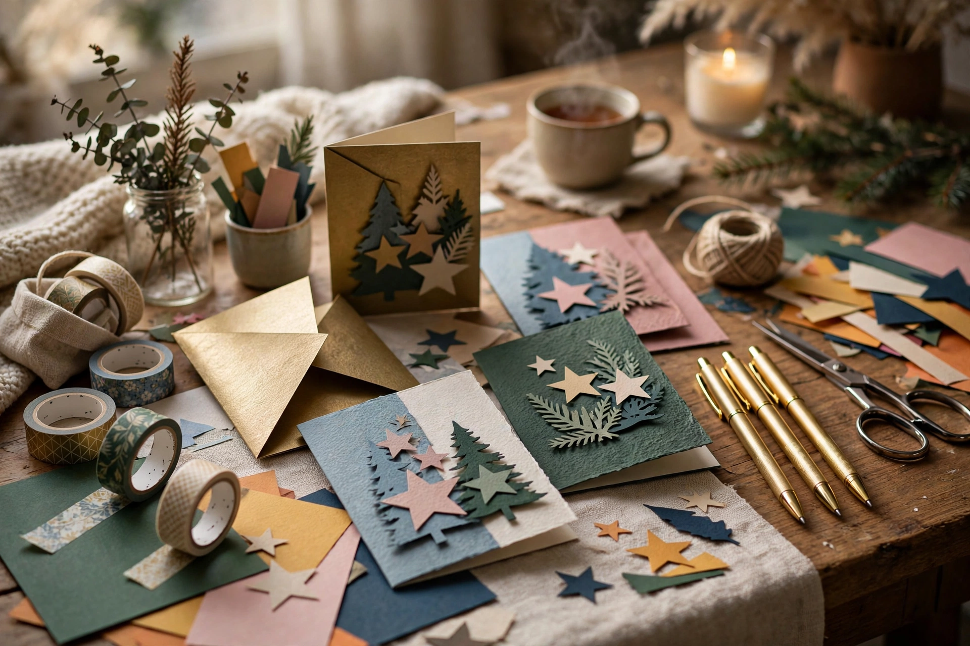 Handgebastelte Neujahrskarten mit Bastelmaterial auf einem Holztisch