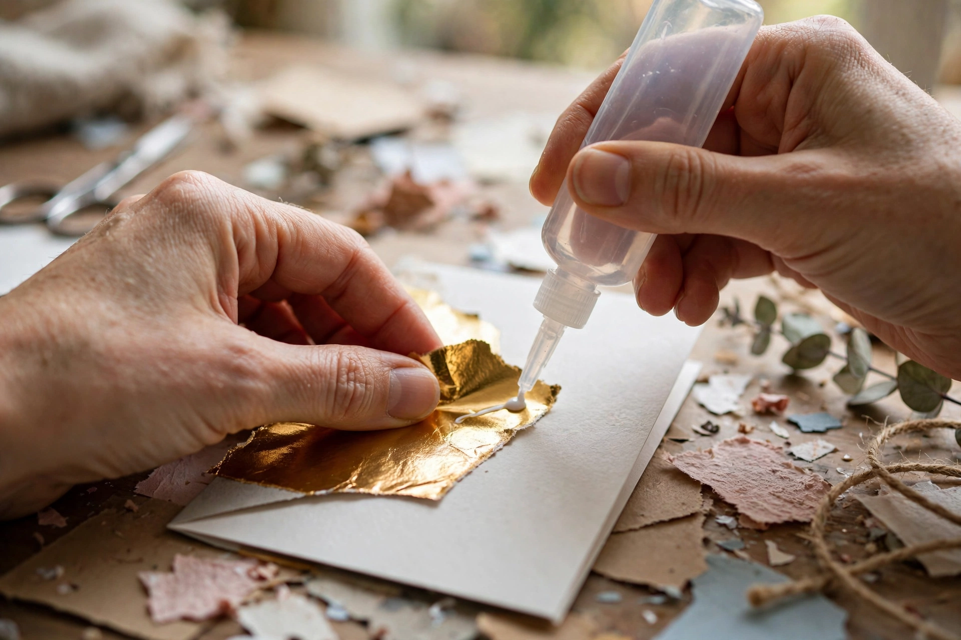 Hände basteln eine Neujahrskarte mit goldenem Papier
