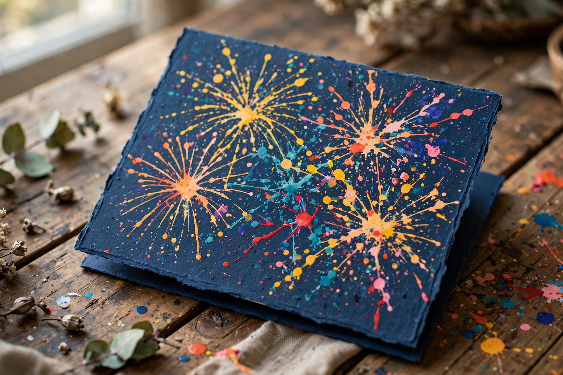 Neujahrskarte mit Feuerwerk aus Farbklecksen