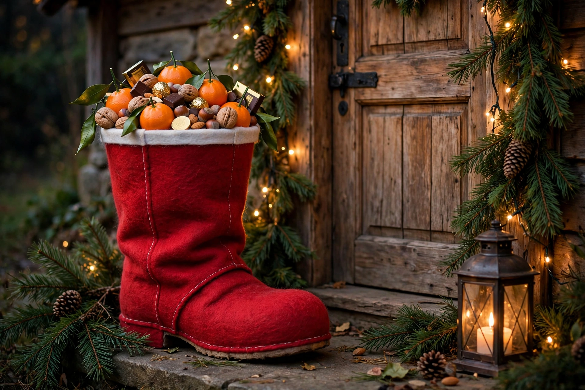 Roter Nikolausstiefel aus Filz, gefüllt mit Süßigkeiten und Mandarinen, neben der Haustür
