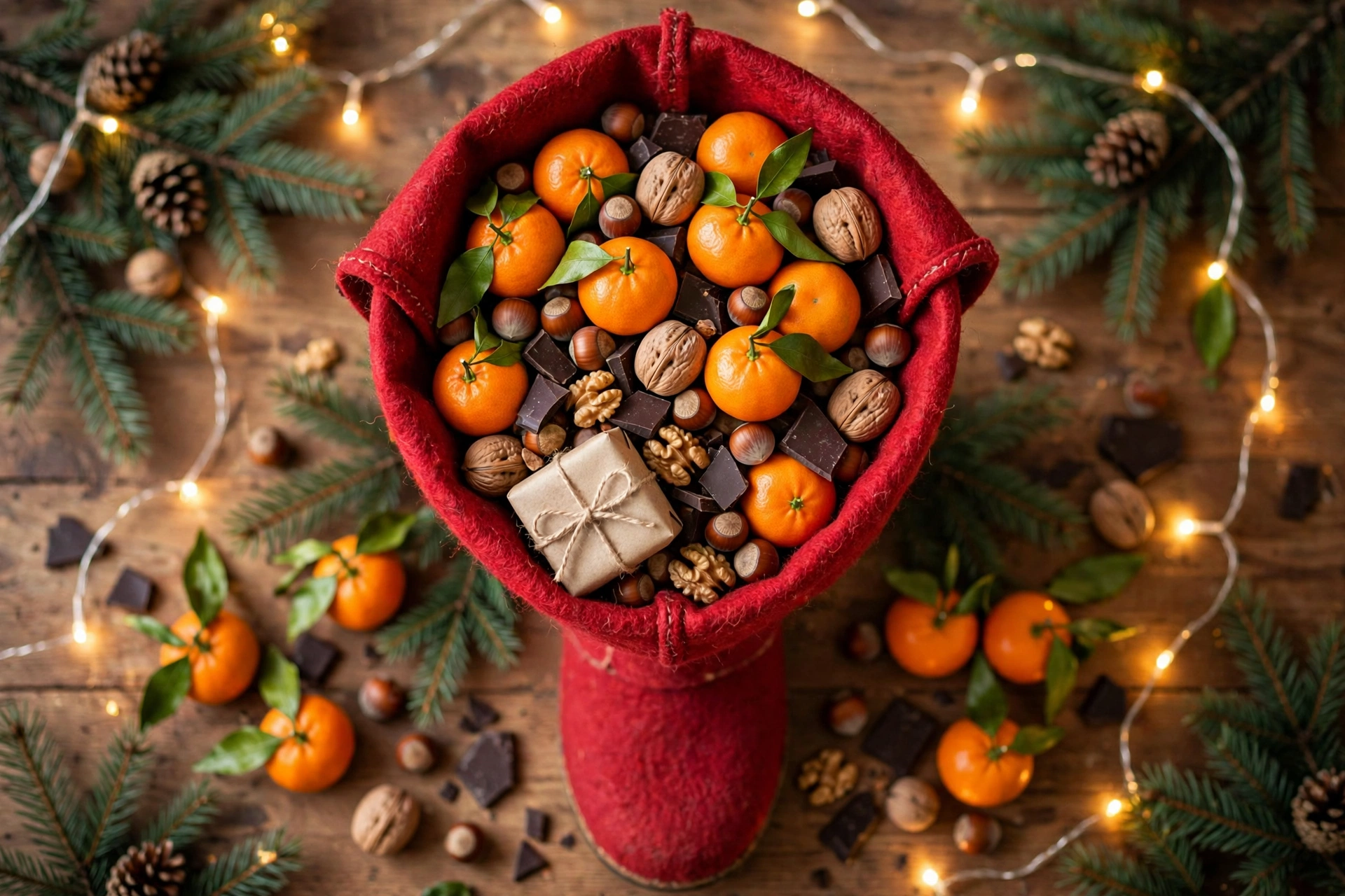 Gefüllter Nikolausstiefel mit Mandarinen und Nüssen