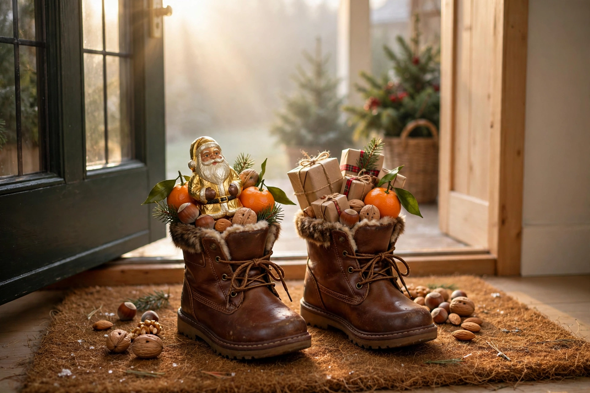 Geputzte Nikolausstiefel gefüllt mit Schokolade, Mandarinen und kleinen Geschenken vor einer Haustür