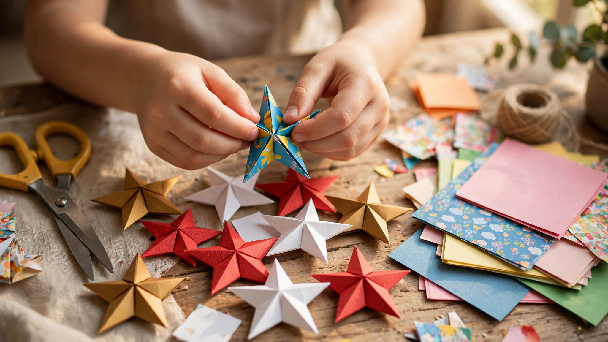 Kinderhände falten bunte Papiersterne am Basteltisch