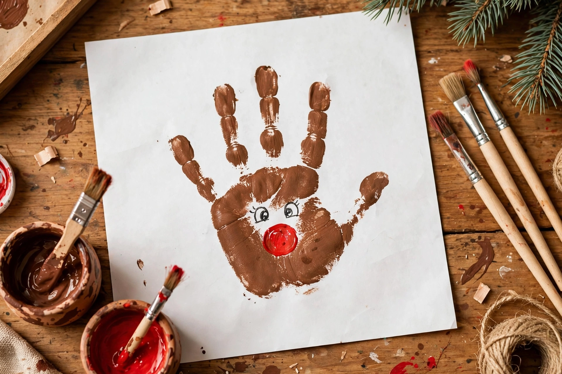 Kinder mit selbst gebastelten Rentier-Stirnbändern und Geweihen bei der Weihnachtsfeier