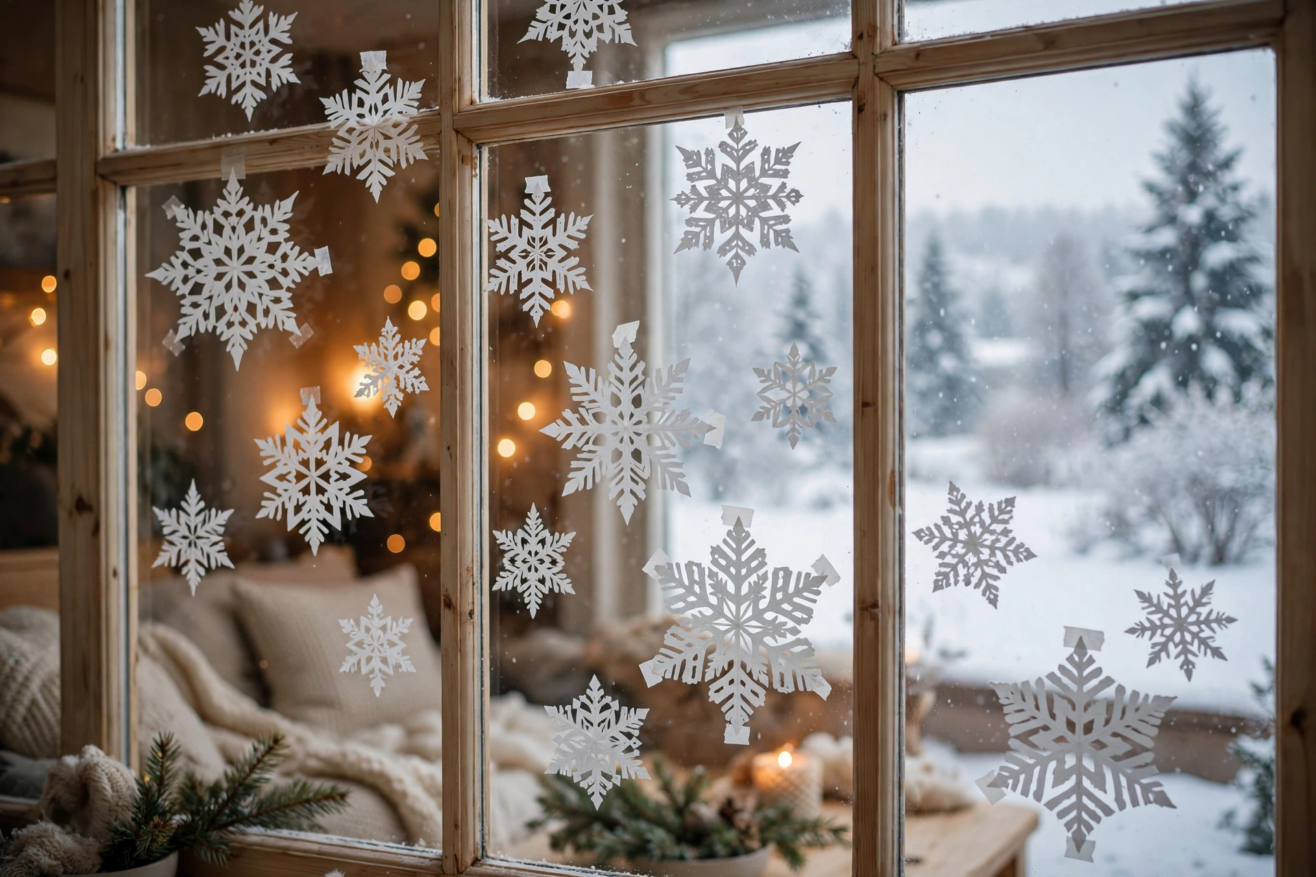 Weiße Papier-Schneeflocken in verschiedenen Größen als Fensterdeko im Winterlicht