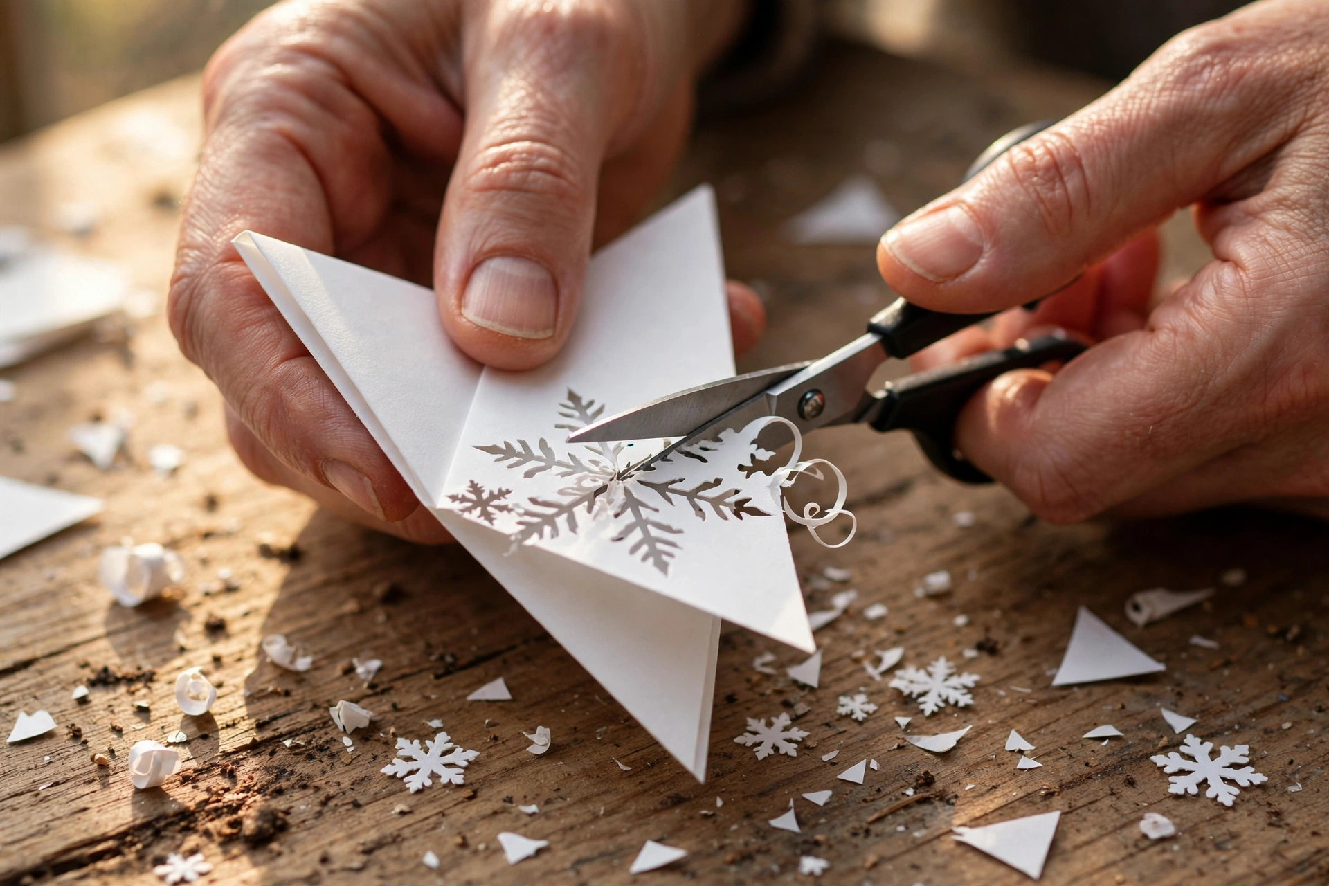 Hände schneiden mit einer kleinen Schere ein filigranes Muster in gefaltetes weißes Papier