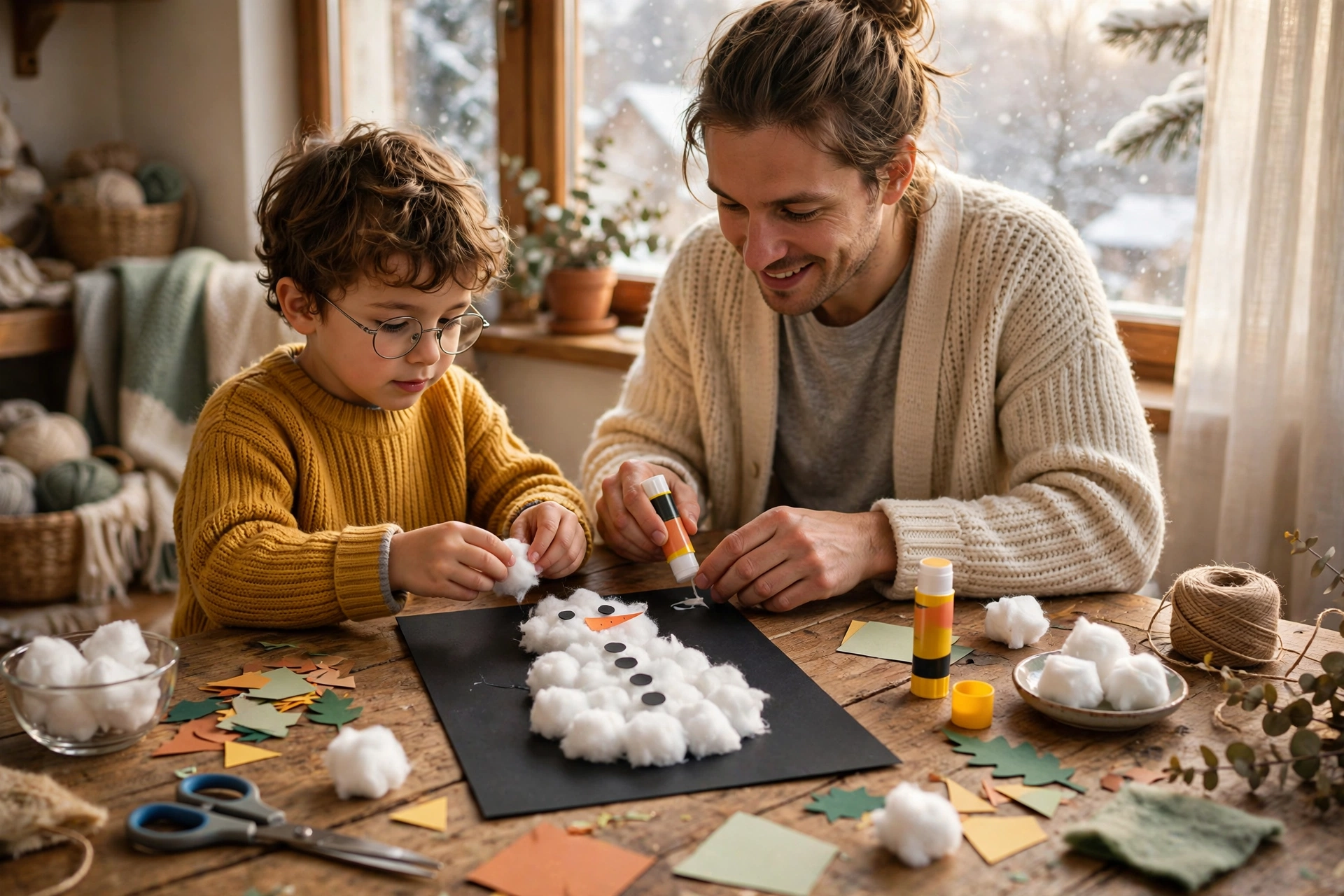 Kinder basteln einen flauschigen Schneemann aus Watte auf schwarzem Tonpapier am Basteltisch