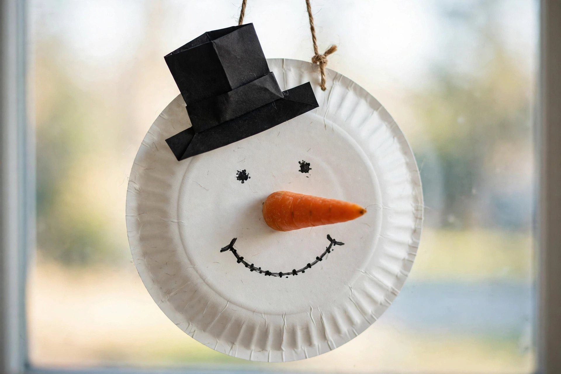 Schneemann aus Pappteller mit schwarzem Zylinderhut zum Aufhängen