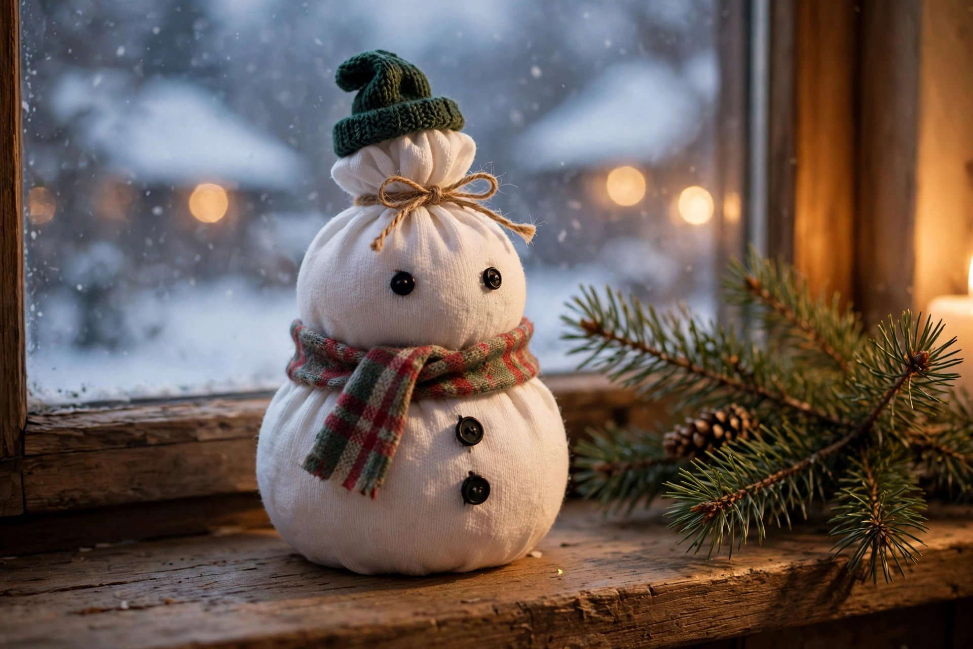 Kugeliger Schneemann aus einer weißen Socke mit Schal und Knöpfen