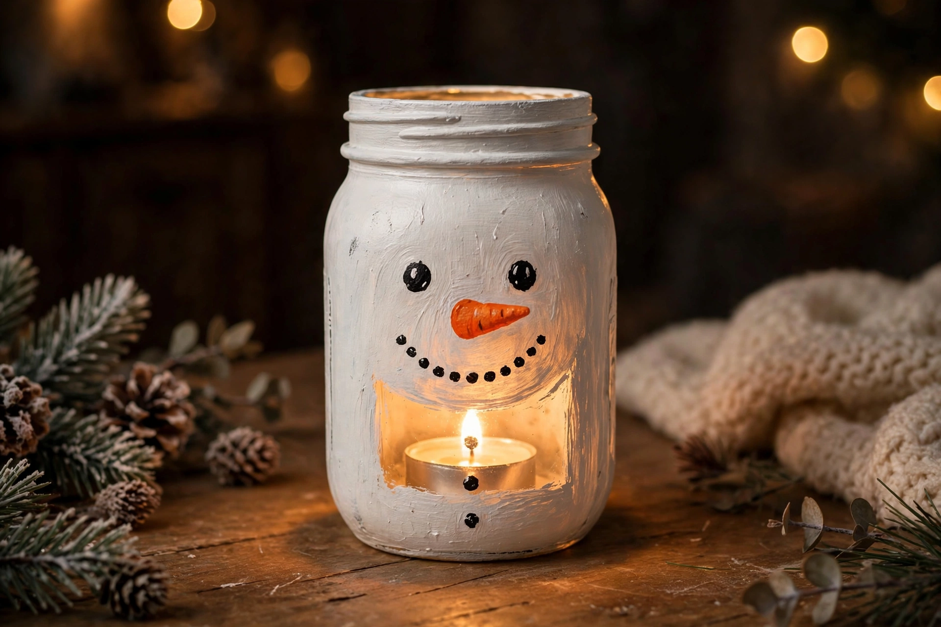 Leuchtendes Schneemann-Windlicht aus einem Einmachglas mit LED-Teelicht