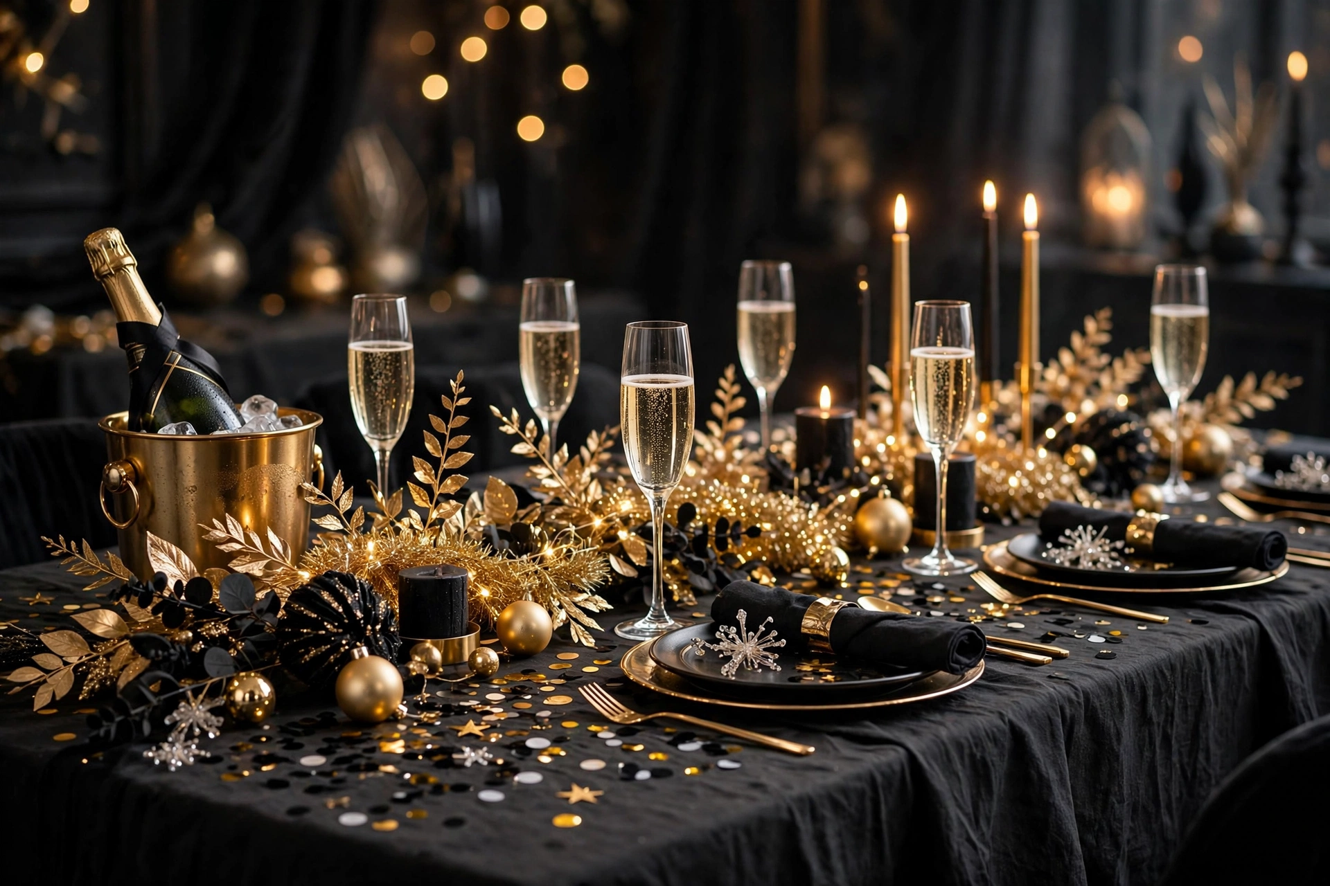Festlich gedeckter Silvester-Tisch in Gold und Schwarz mit Girlande und Konfetti
