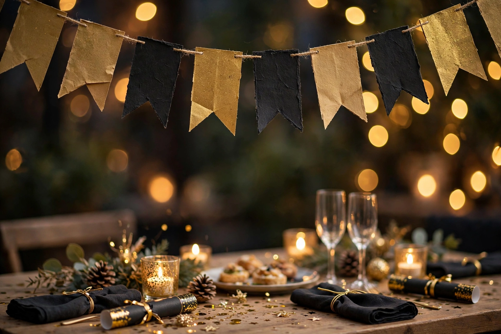 Selbstgebastelte Happy-New-Year-Girlande in Gold und Schwarz