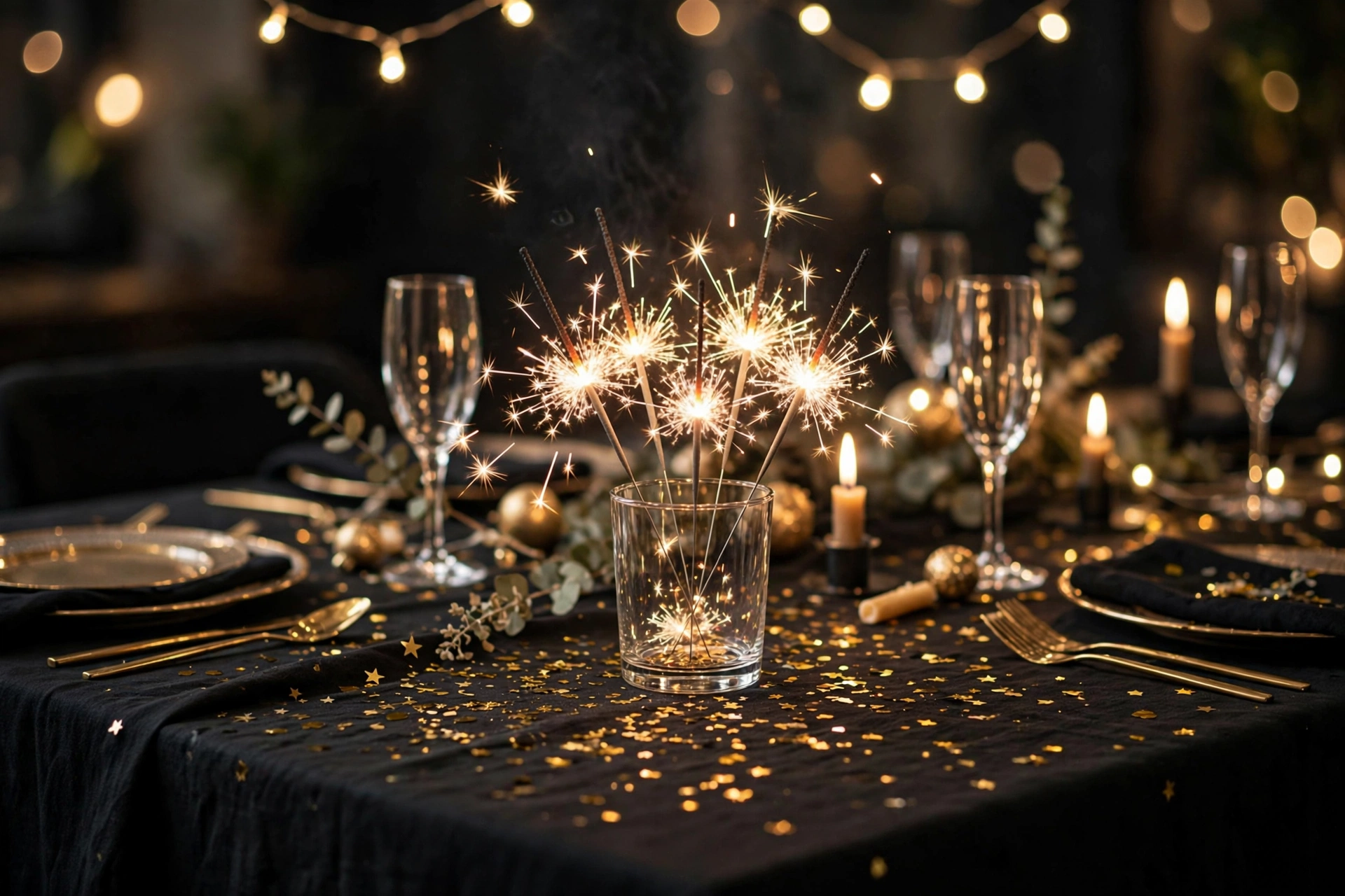 Festliche Silvester-Tischdeko mit Konfetti und Wunderkerzen