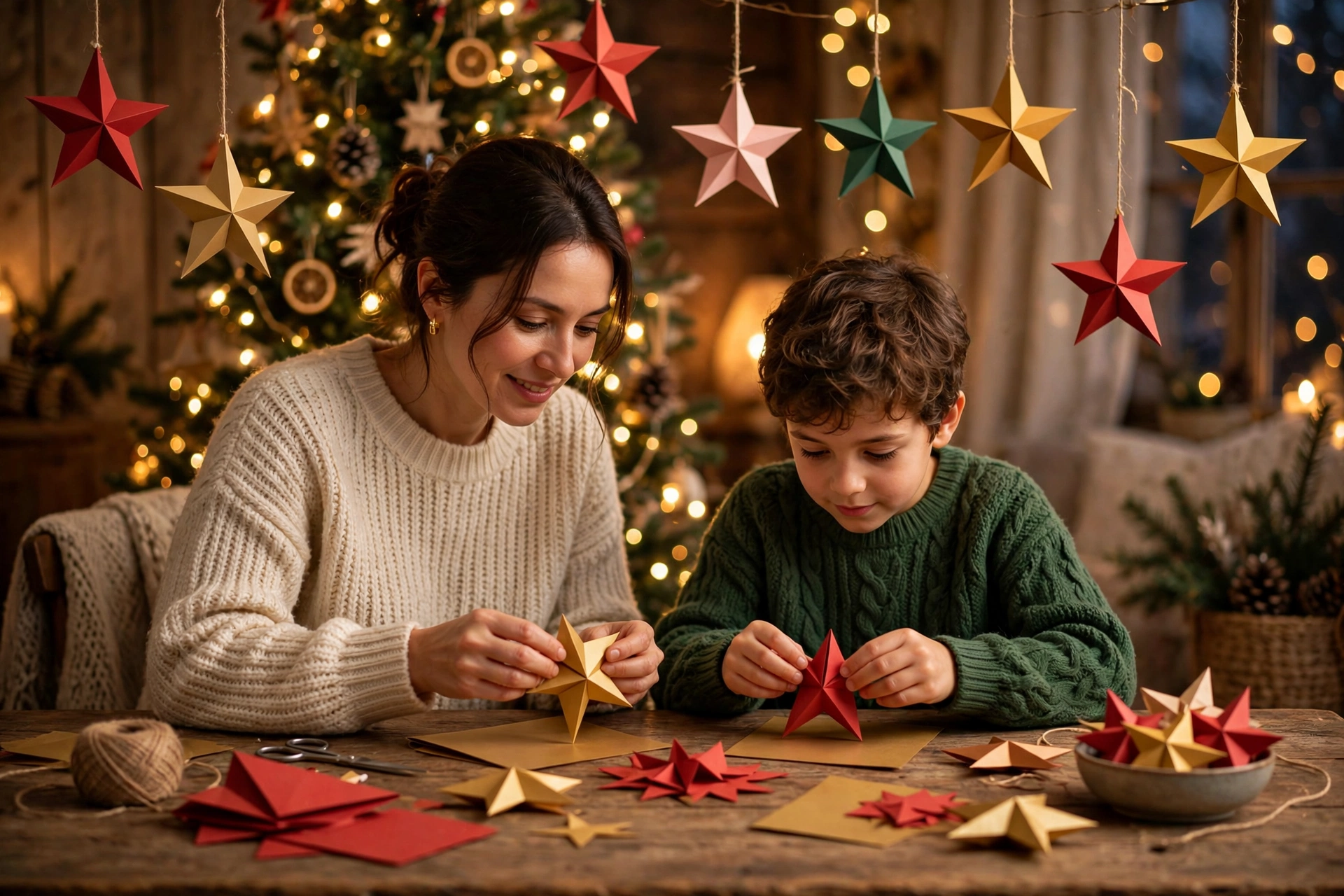 Mutter und Kind basteln bunte 3D-Sterne aus Papier vor einem geschmückten Weihnachtsbaum
