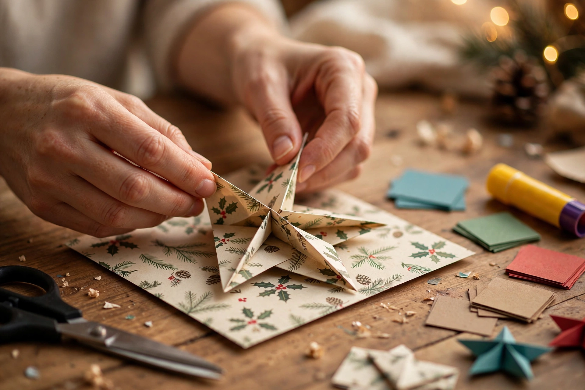 Hände falten einen 3D-Stern aus gemustertem Weihnachtspapier