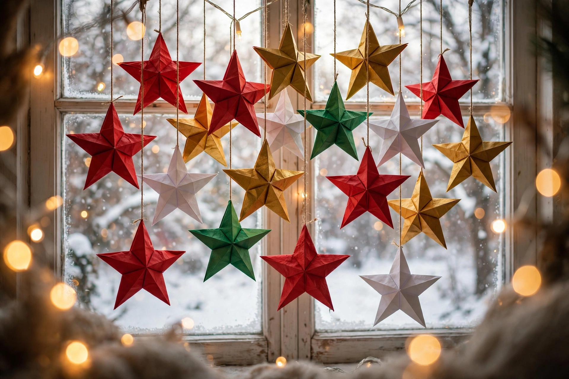 Bunte 3D-Papiersterne hängen als Girlande vor einem winterlichen Fenster