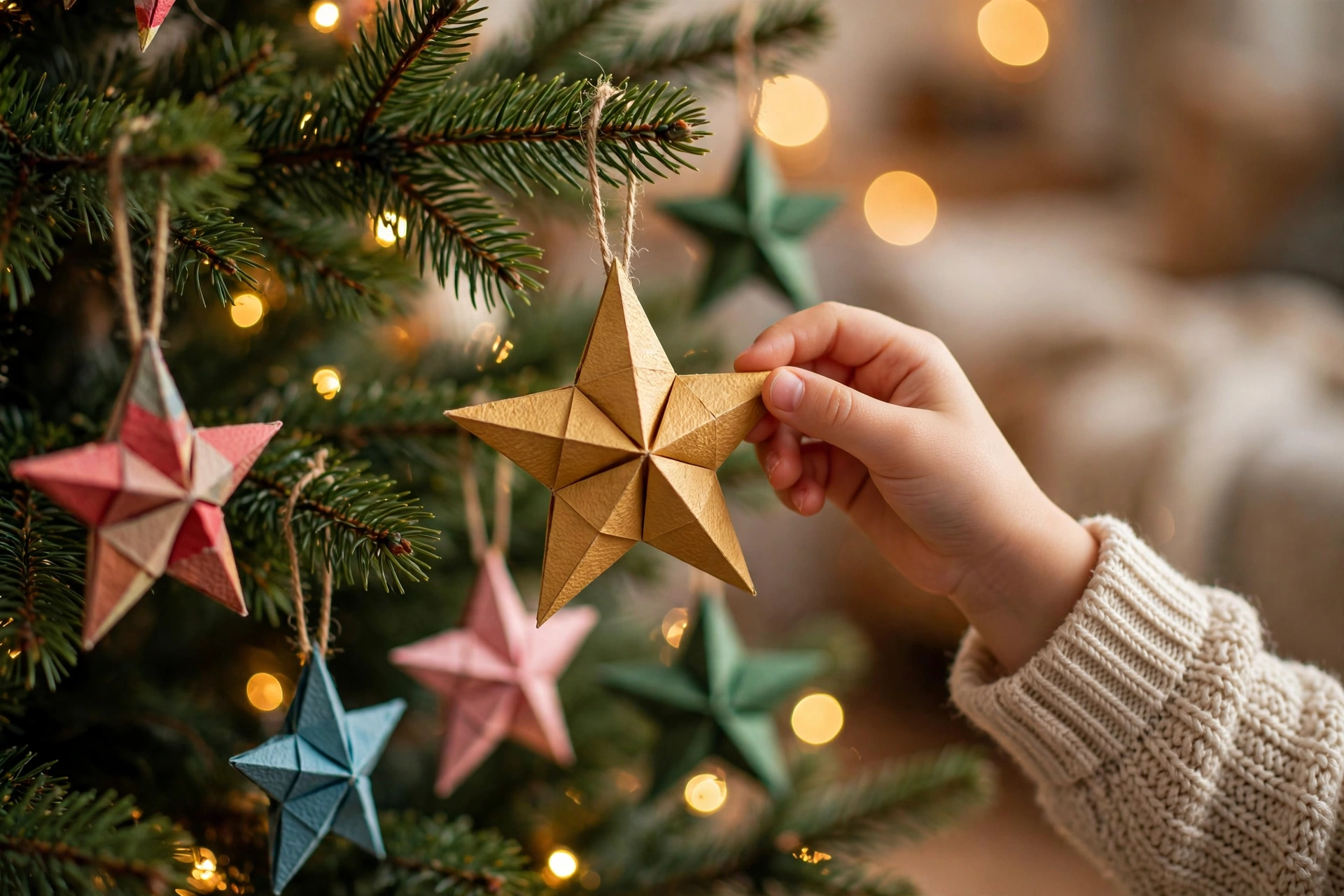 Kinderhand hängt einen goldenen 3D-Papierstern an den Weihnachtsbaum
