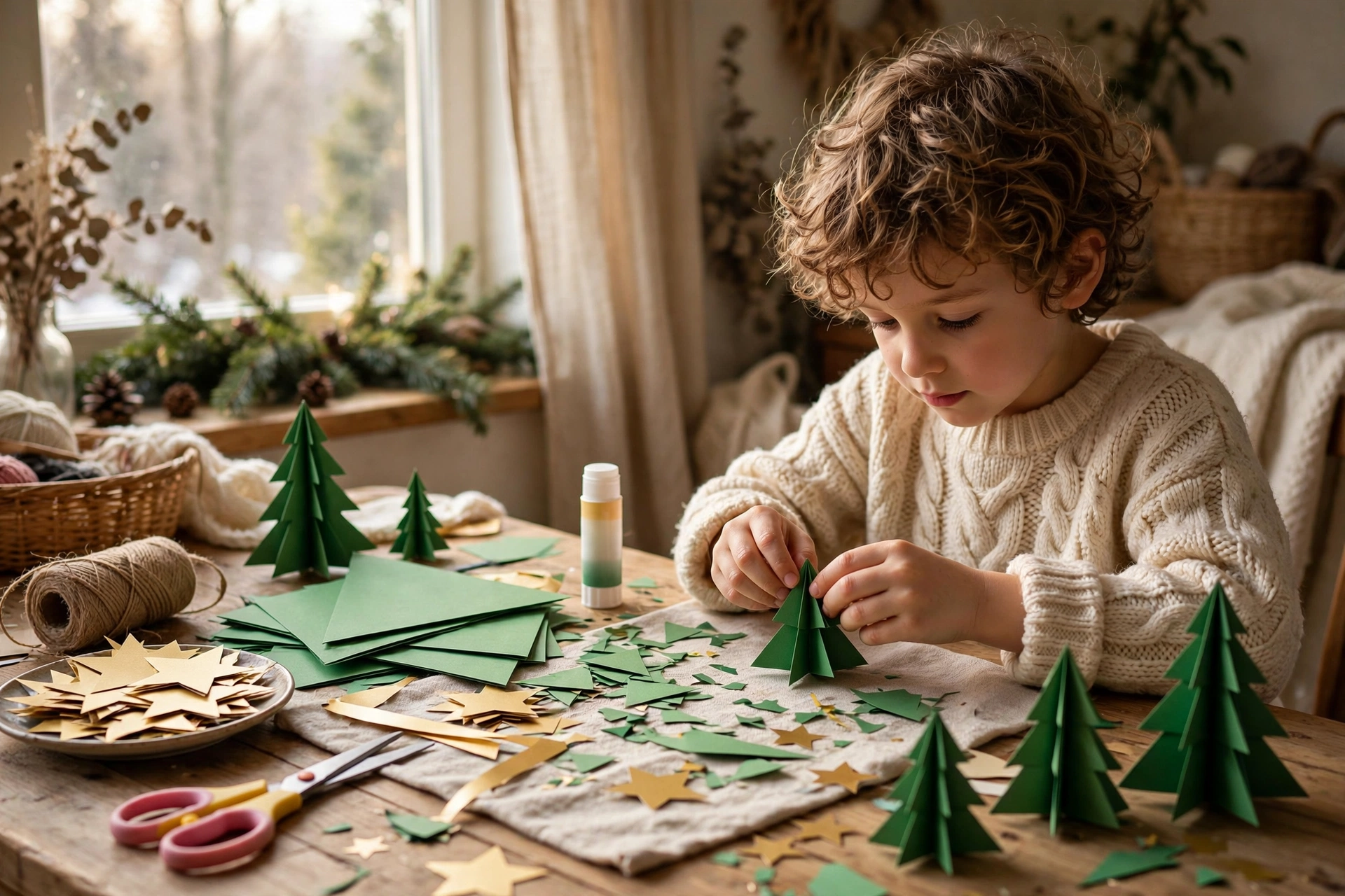 Kind bastelt einen grünen Tannenbaum aus Papier am Basteltisch mit Schere und Tonpapier