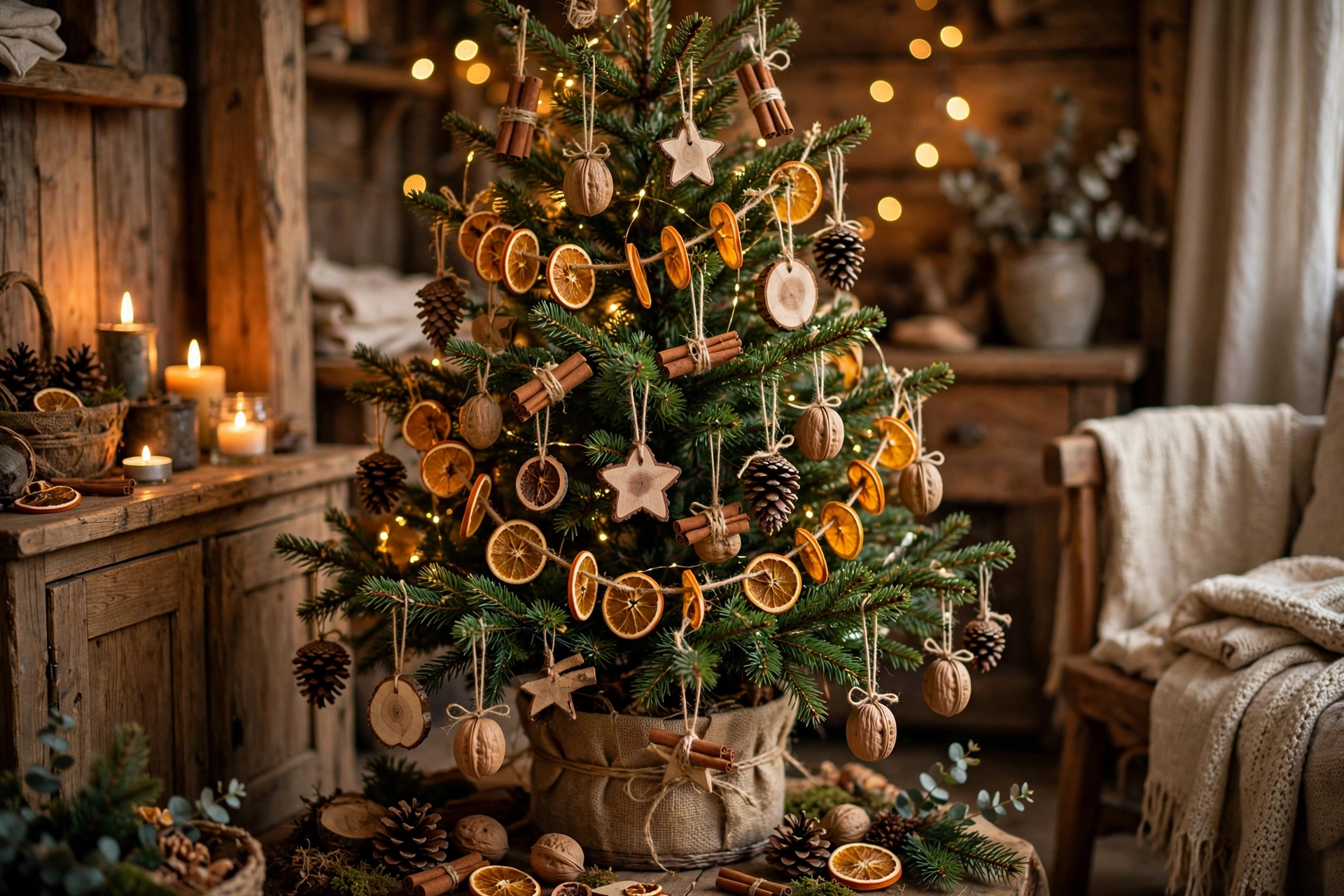 Weihnachtsbaum mit selbstgemachtem Tannenbaumschmuck aus Naturmaterialien: getrocknete Orangenscheiben, Tannenzapfen, Zimtstangen und Holzsterne