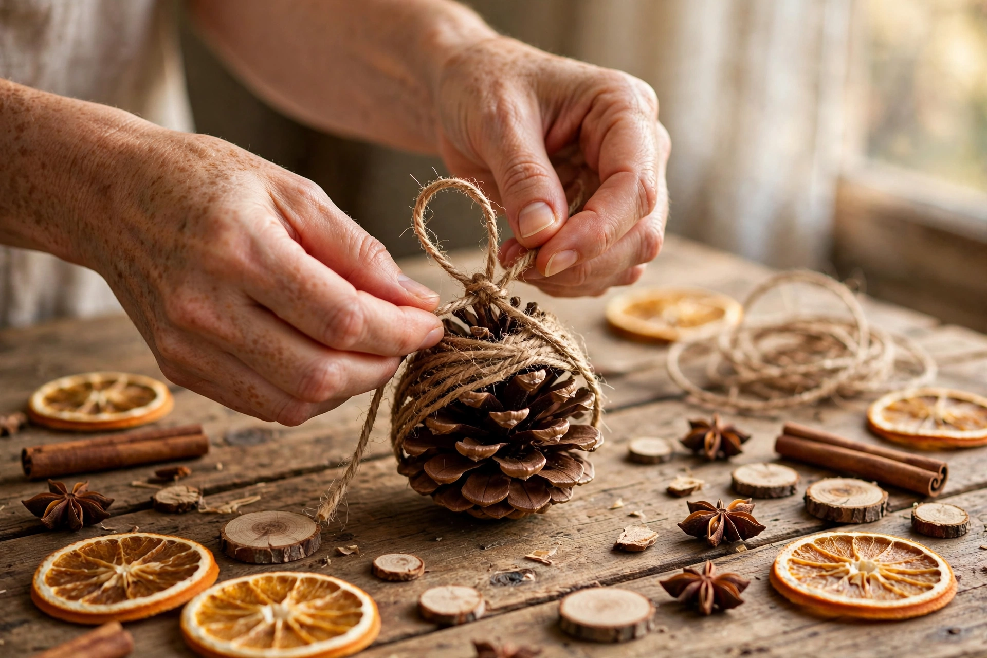 Hände binden Jutekordel um einen Tannenzapfen als Weihnachtsbaumschmuck