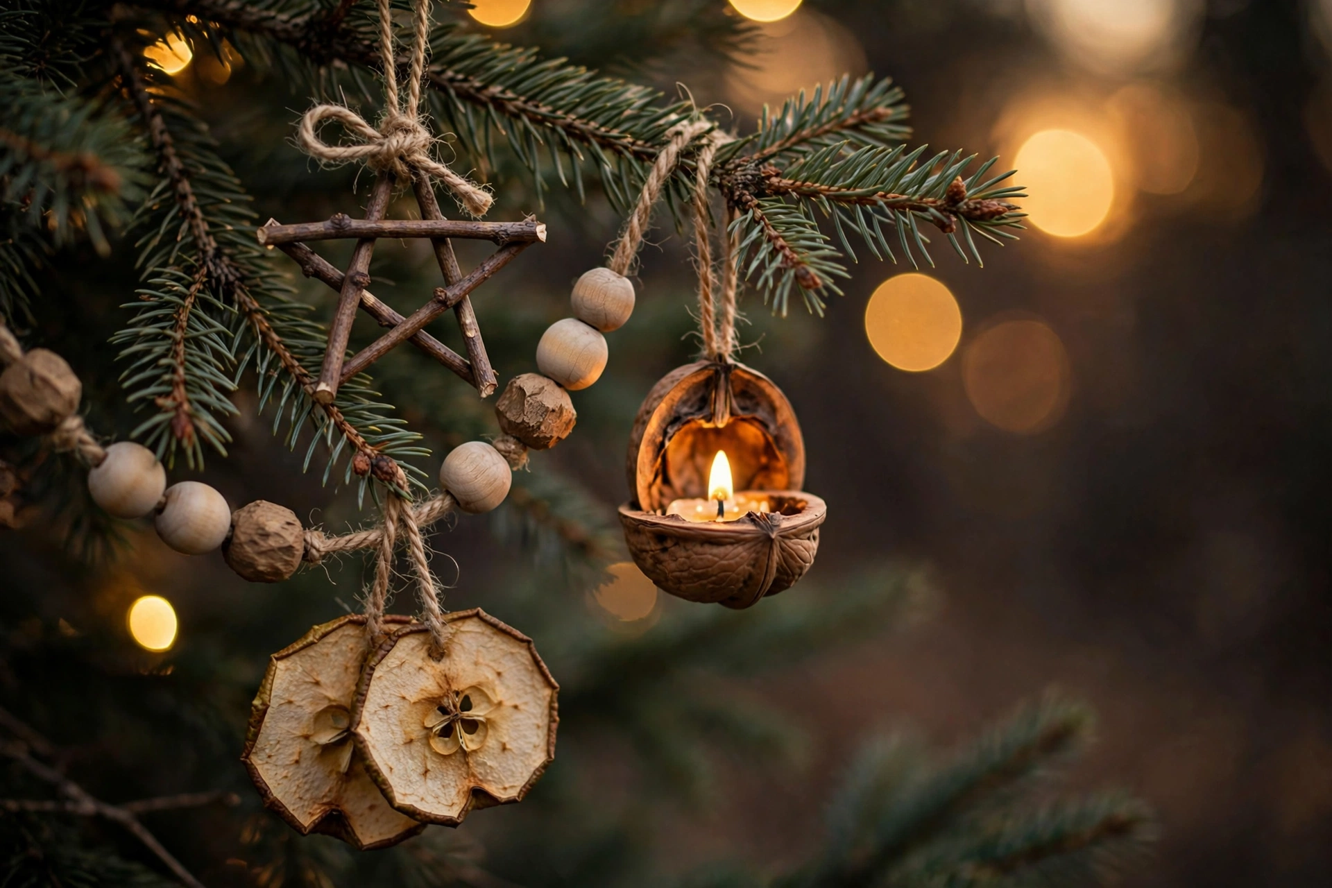 Naturschmuck am Tannenzweig: Zweigstern, Holzperlenkette, Walnussschale und Apfelringe