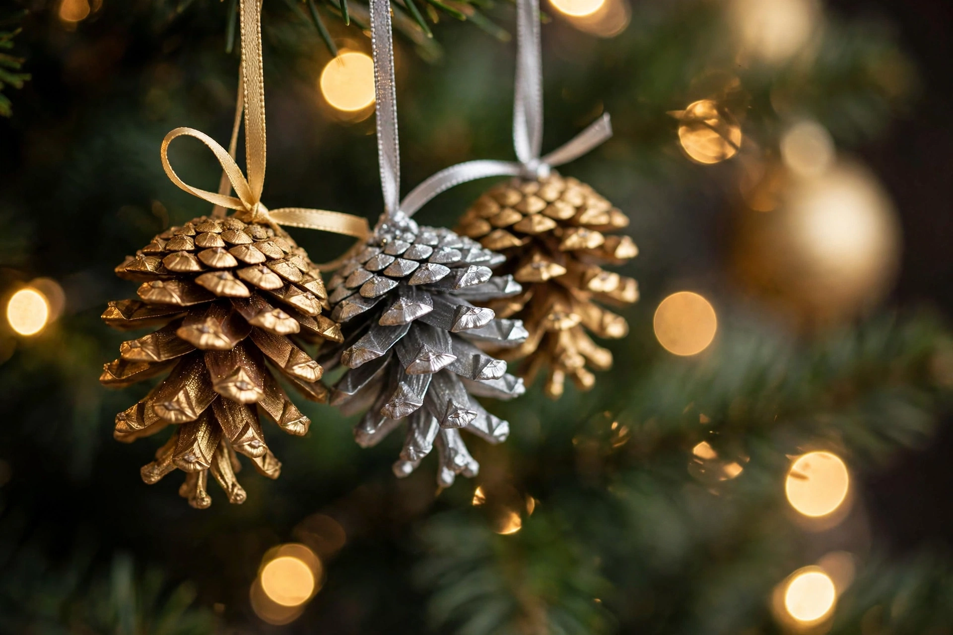 Gold bemalte Tannenzapfen als Christbaumschmuck