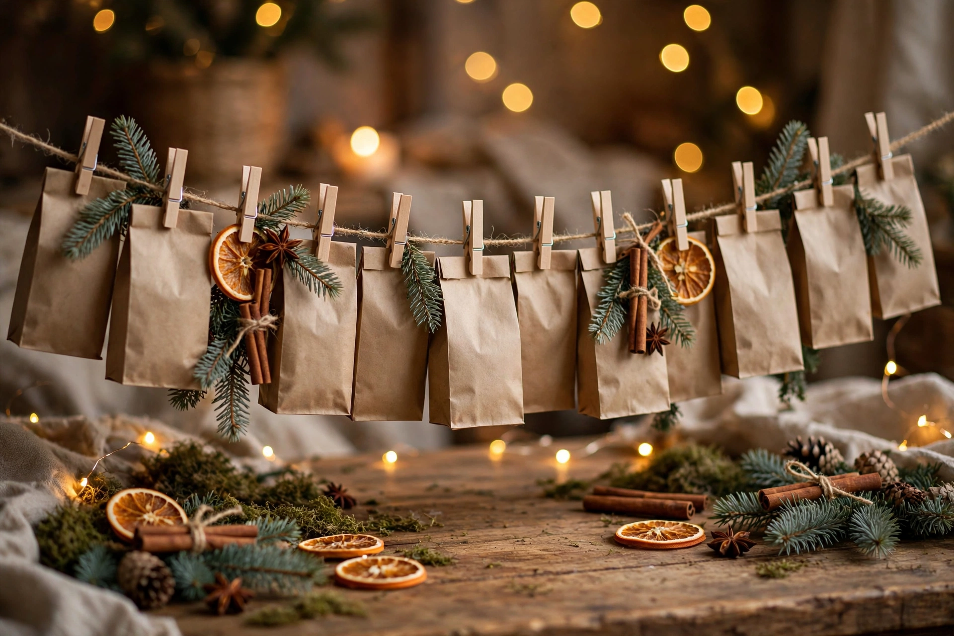Selbstgemachter Tee Adventskalender aus Papiertütchen an einer Schnur, dekoriert mit Tannenzweigen