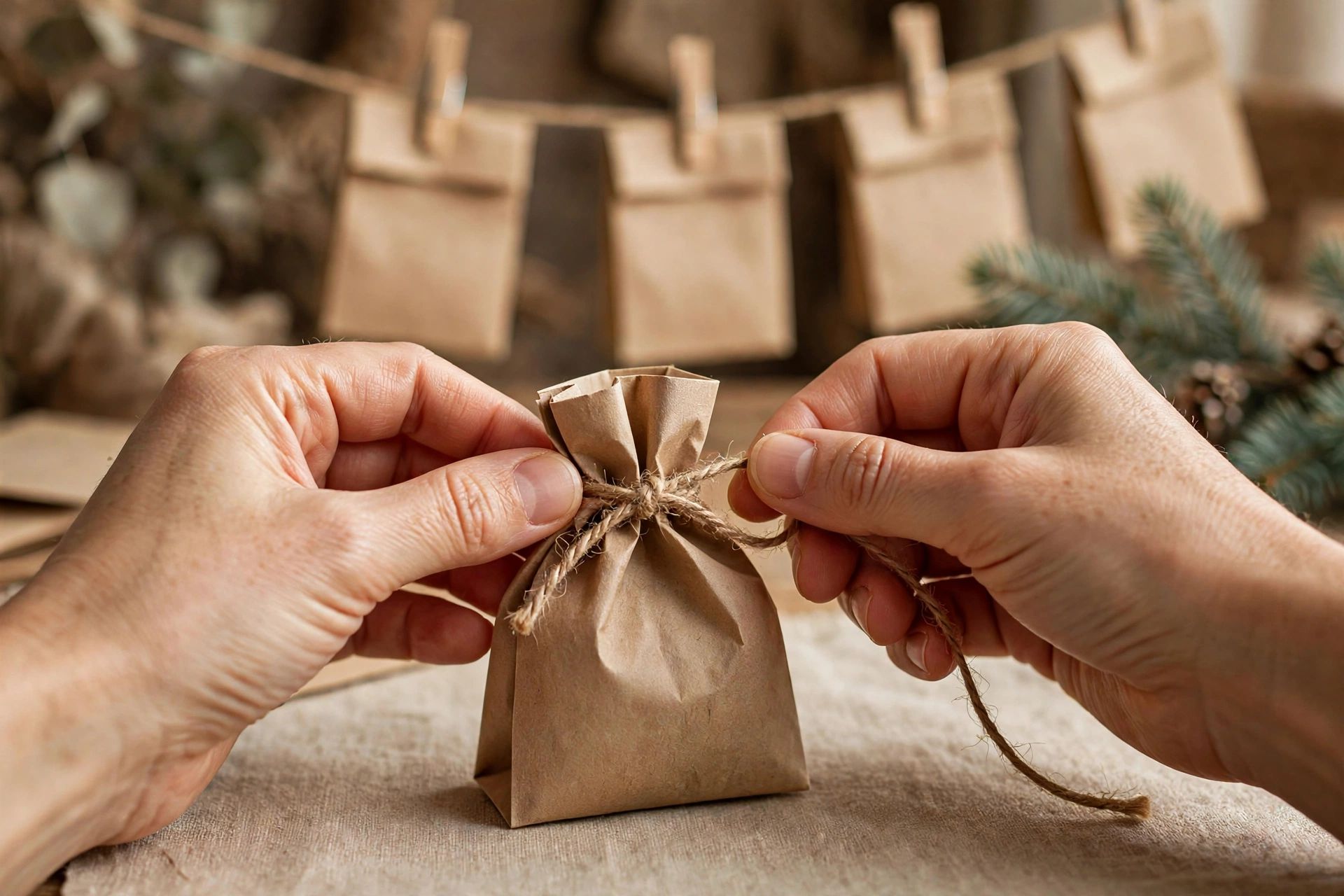 Papiertütchen befüllen, zubinden und an der Schnur aufhängen – fertig ist Variante 1.