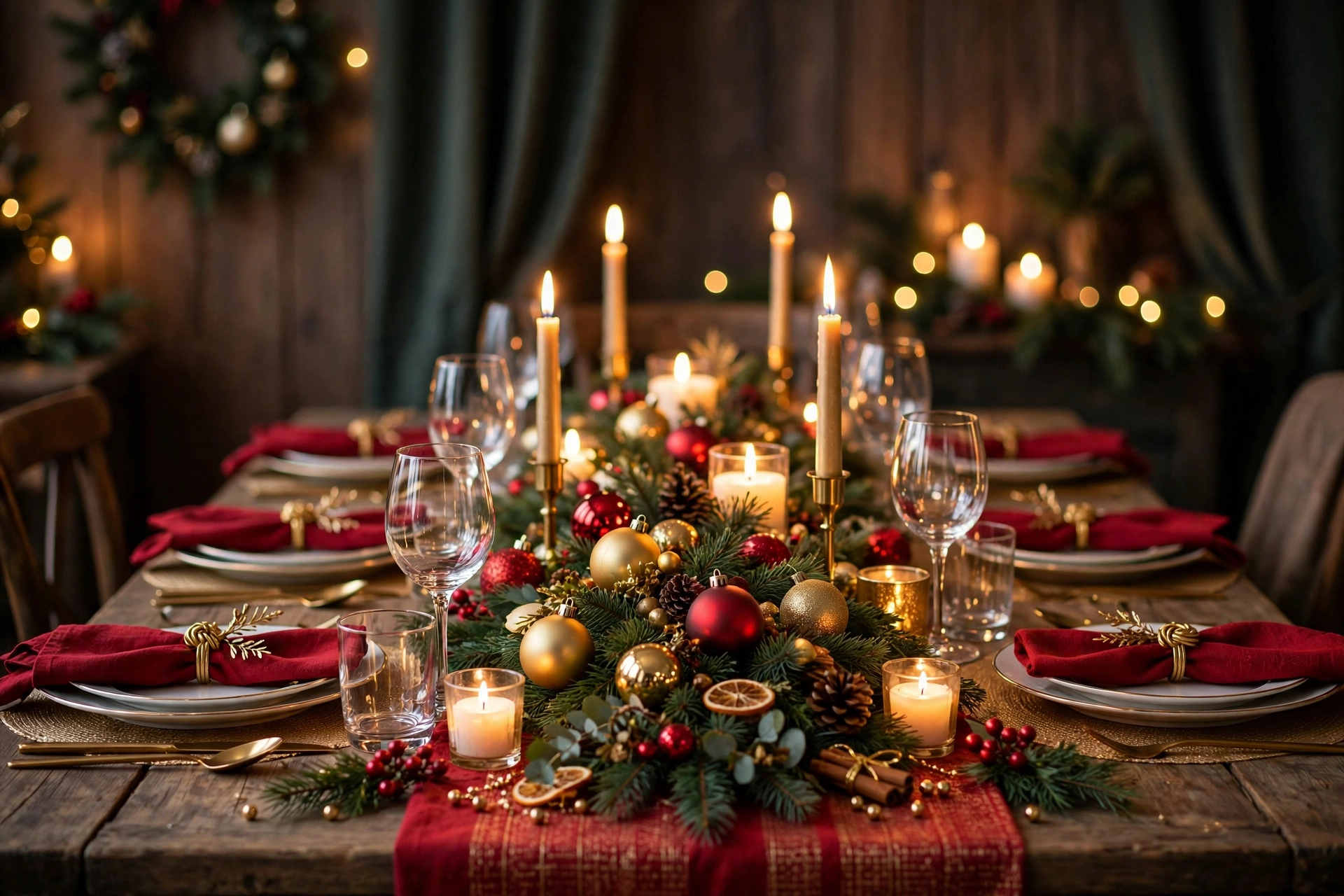 Festlich gedeckter Weihnachtstisch mit Kerzen, Tannengrün und selbstgebastelter Deko