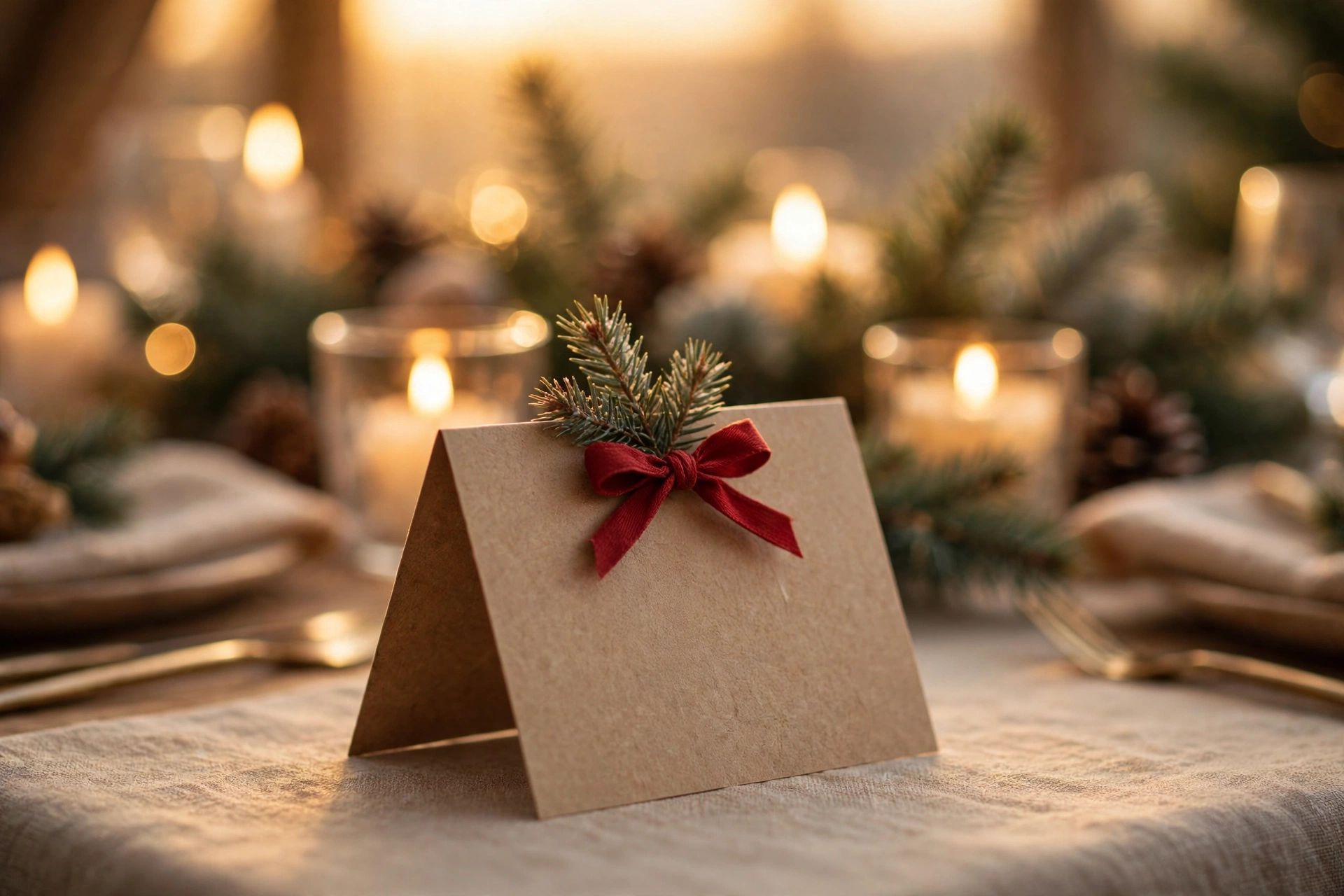 Selbstgebastelte Tischkarte aus Kraftpapier mit roter Schleife und Tannenzweig auf festlich gedeckter Weihnachtstafel