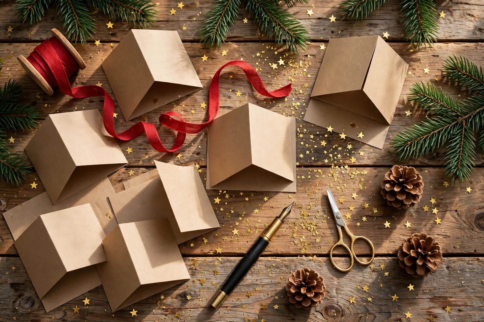 Bastelmaterial für Weihnachts-Tischkarten: Kraftpapier, Bänder, Tannenzweige und Schere