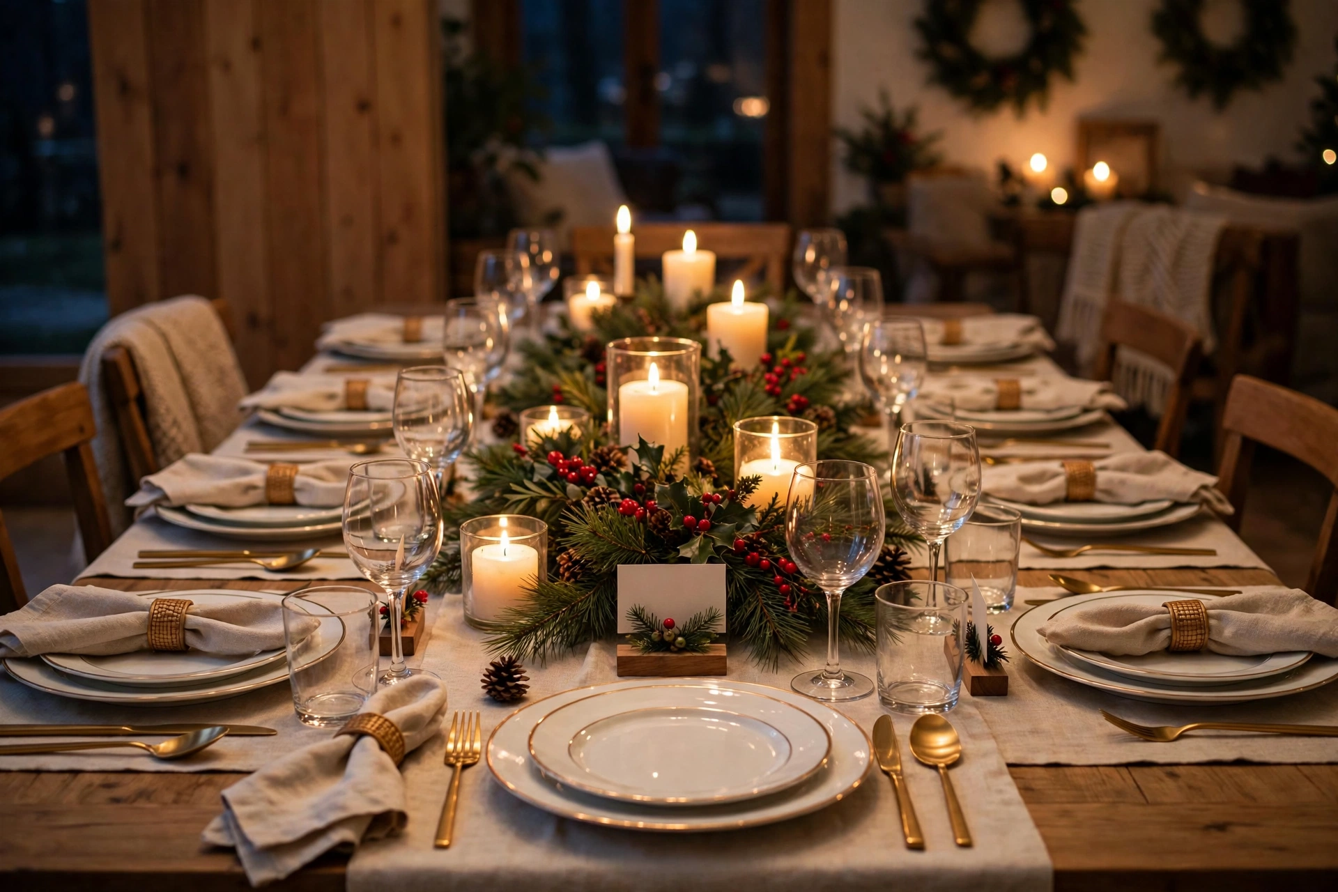 Festlich gedeckte Weihnachtstafel mit Kerzen, Tannengrün und selbstgemachten Tischkarten